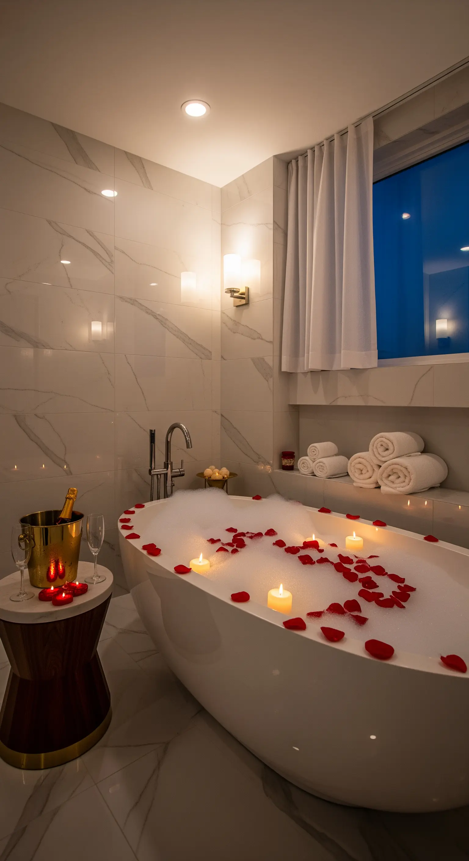 Luxuriöses Bad mit Schaum, Rosenblüten und Sektkühler