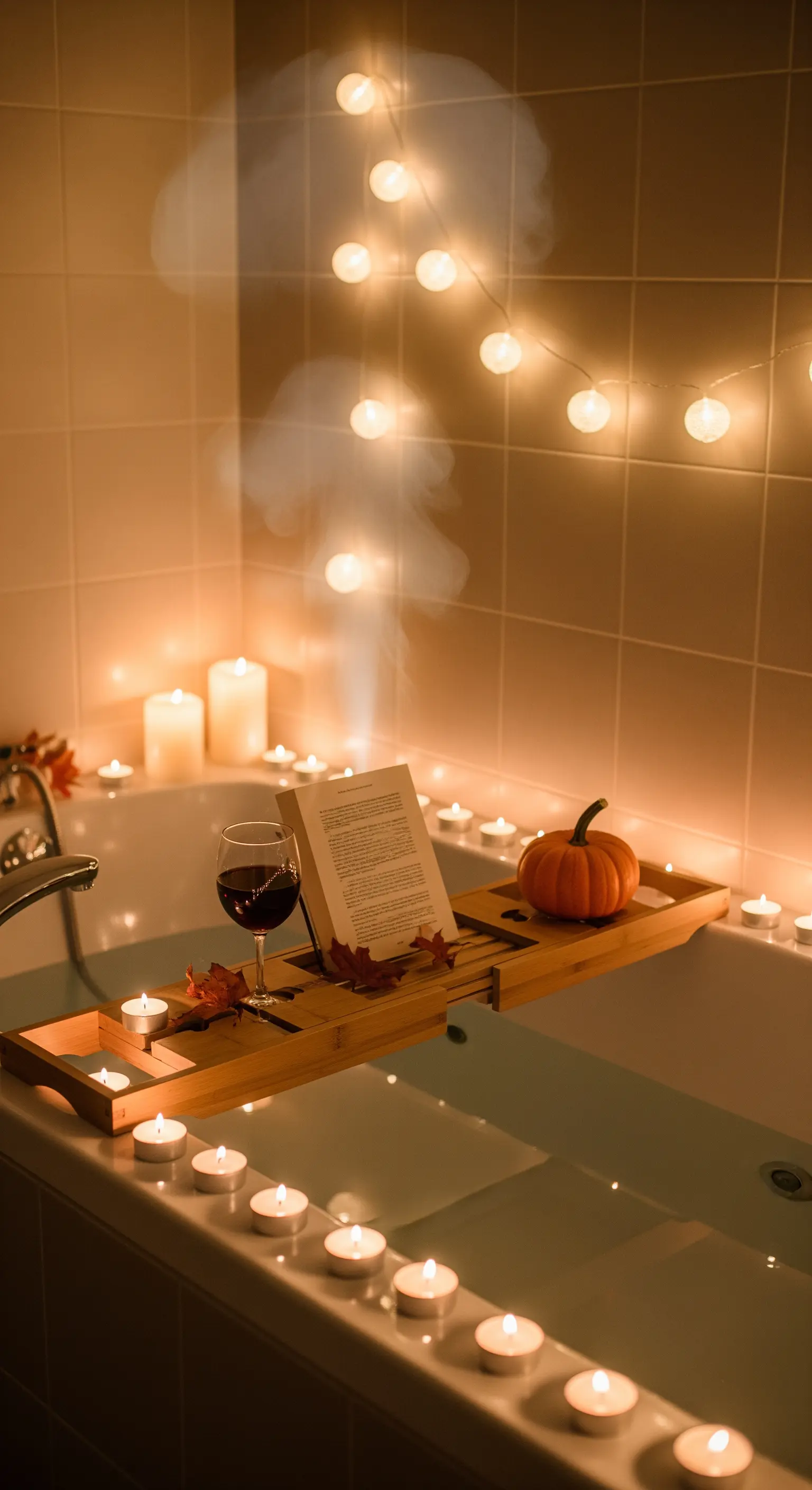 Badewanne mit Holzablage, Buch, Rotwein, Kerzen und Lichterkette im Hintergrund
