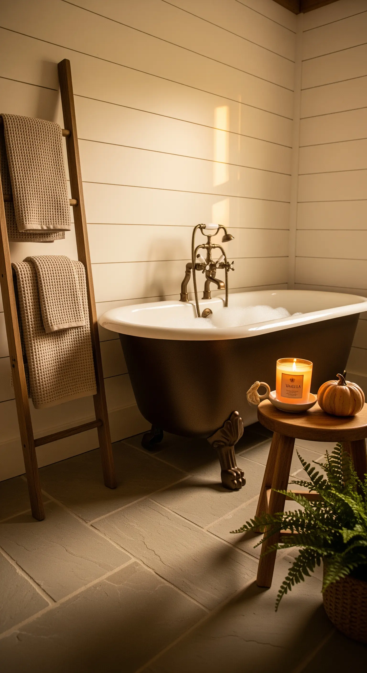 Freistehende Badewanne mit Holzleiter, Hocker und Kerze