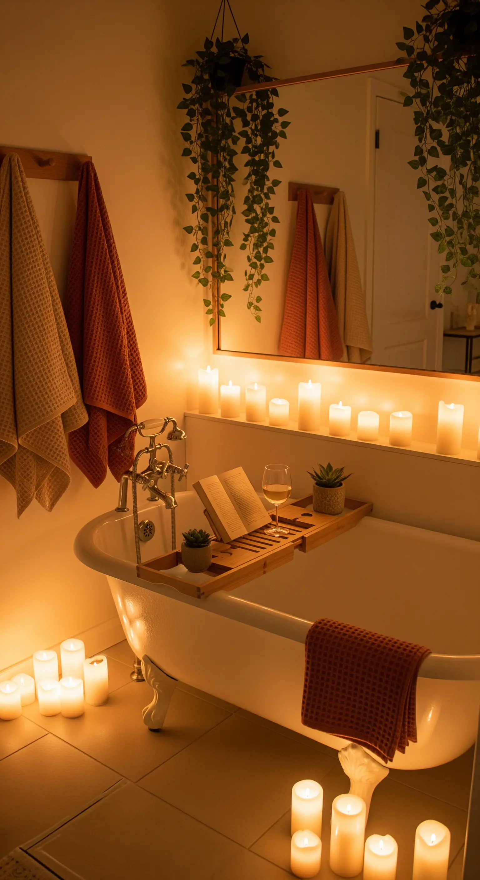 Badewanne bei Kerzenschein mit Holzablage und hängenden Pflanzen