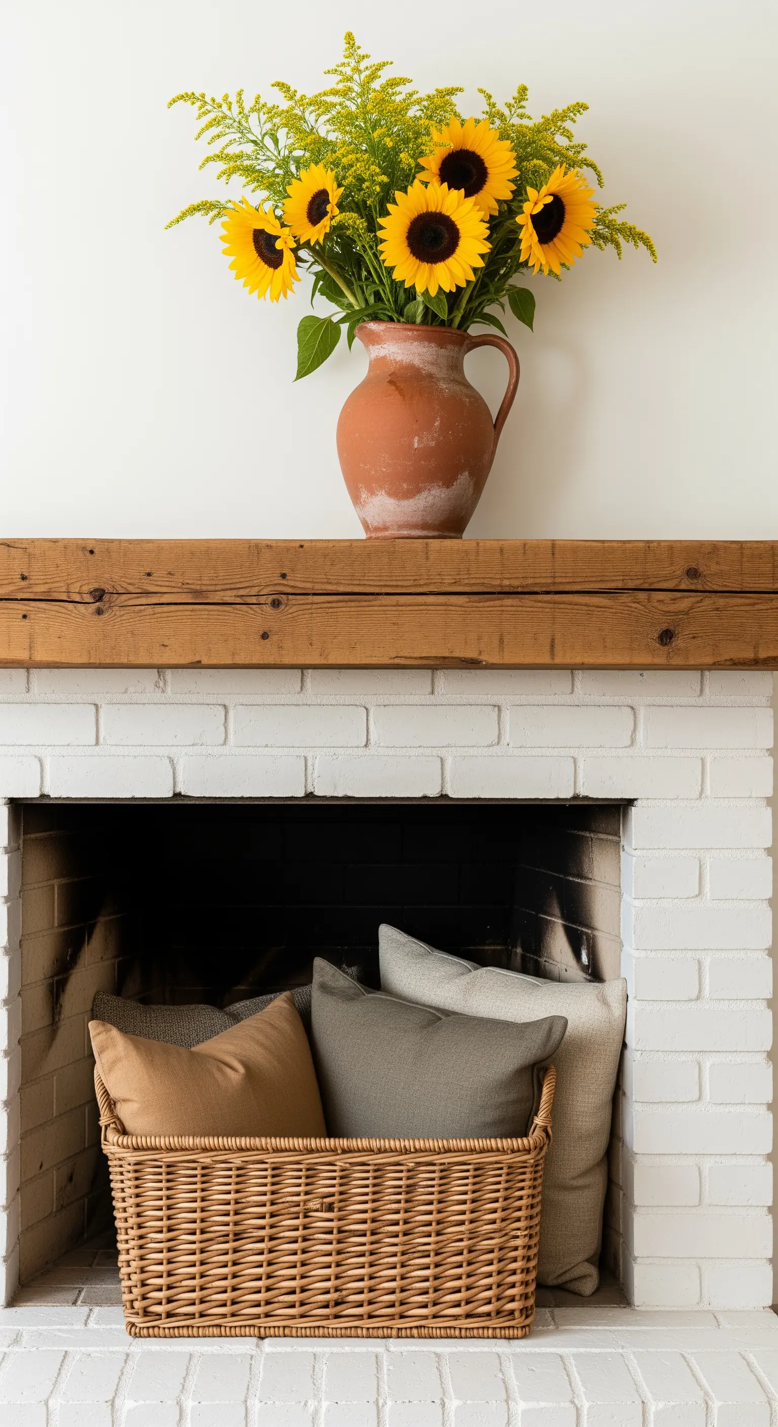 Sonnenblumen in Terrakotta-Vase auf rustikalem Holzbalken