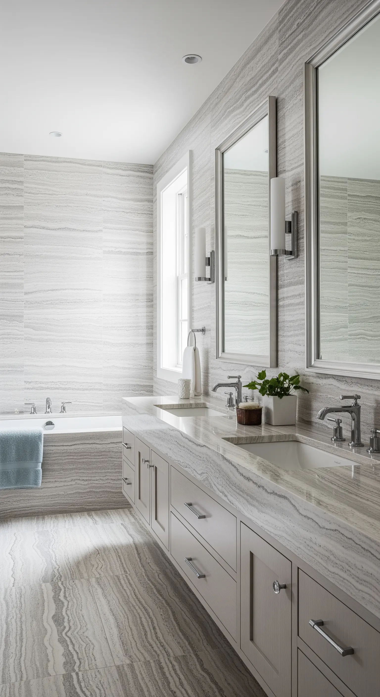 Graues Steinbad mit zwei großen Spiegeln und Wandleuchten