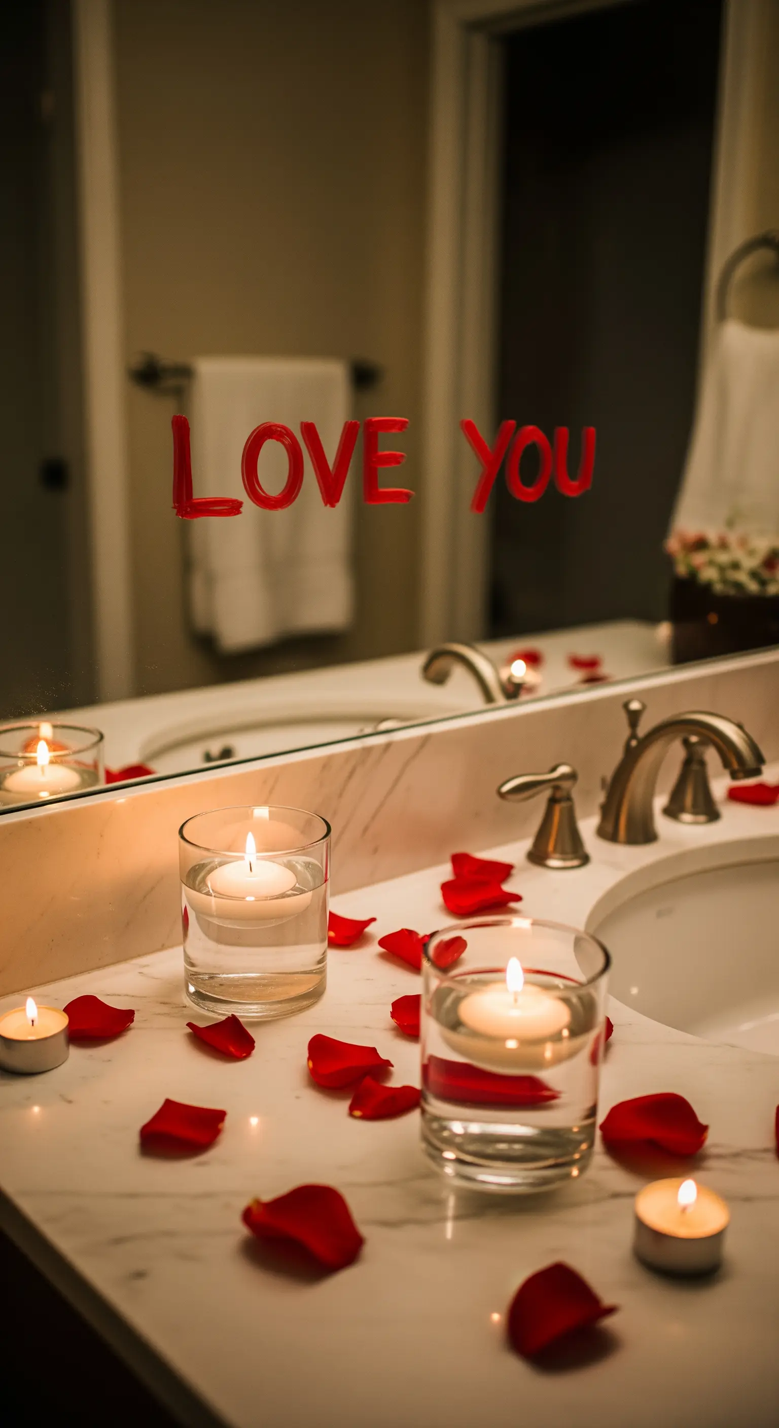 Badezimmerspiegel mit Love You Schriftzug und Kerzen