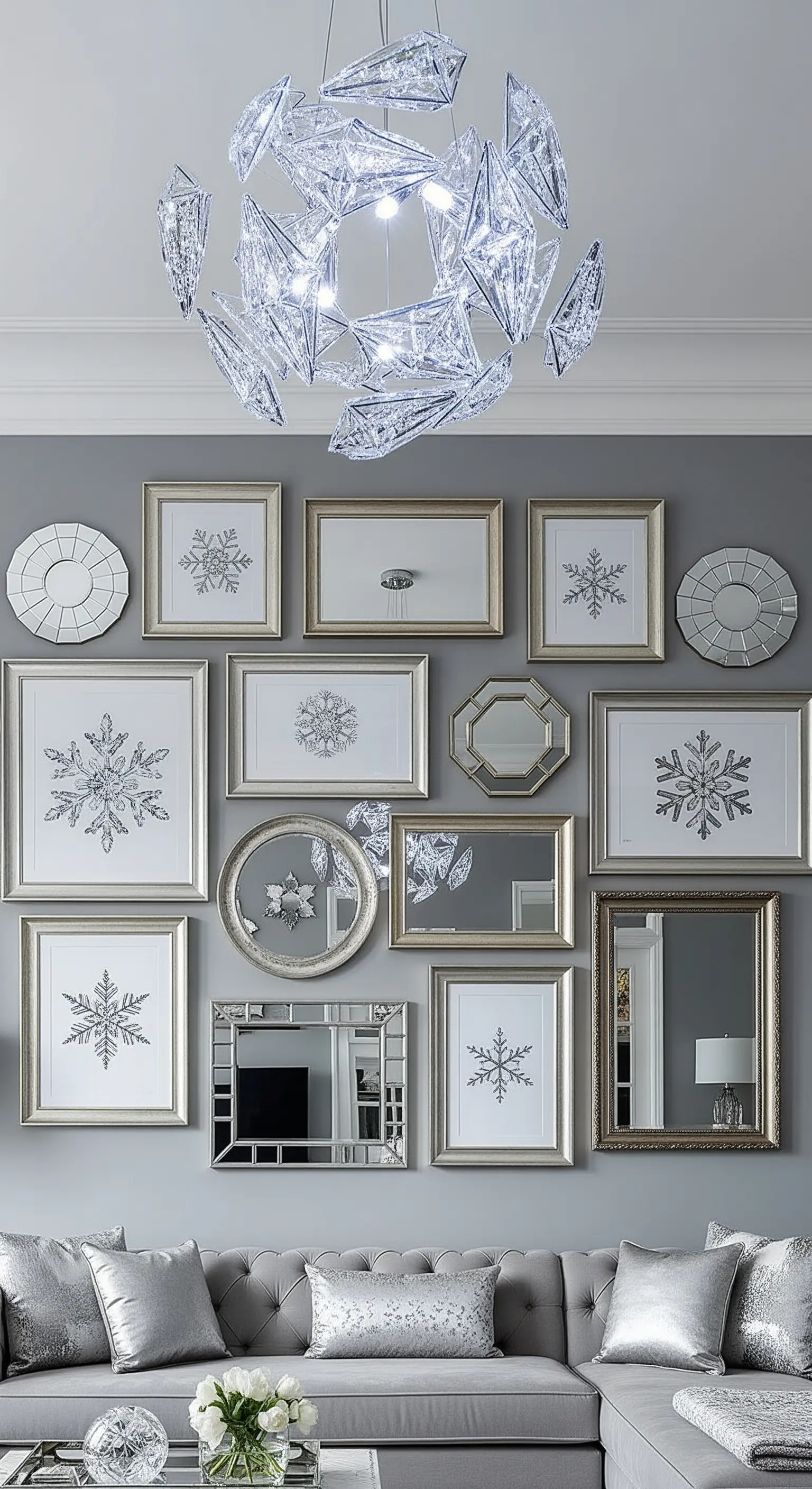 Wand mit gerahmten Schneeflockenbildern und Spiegeln