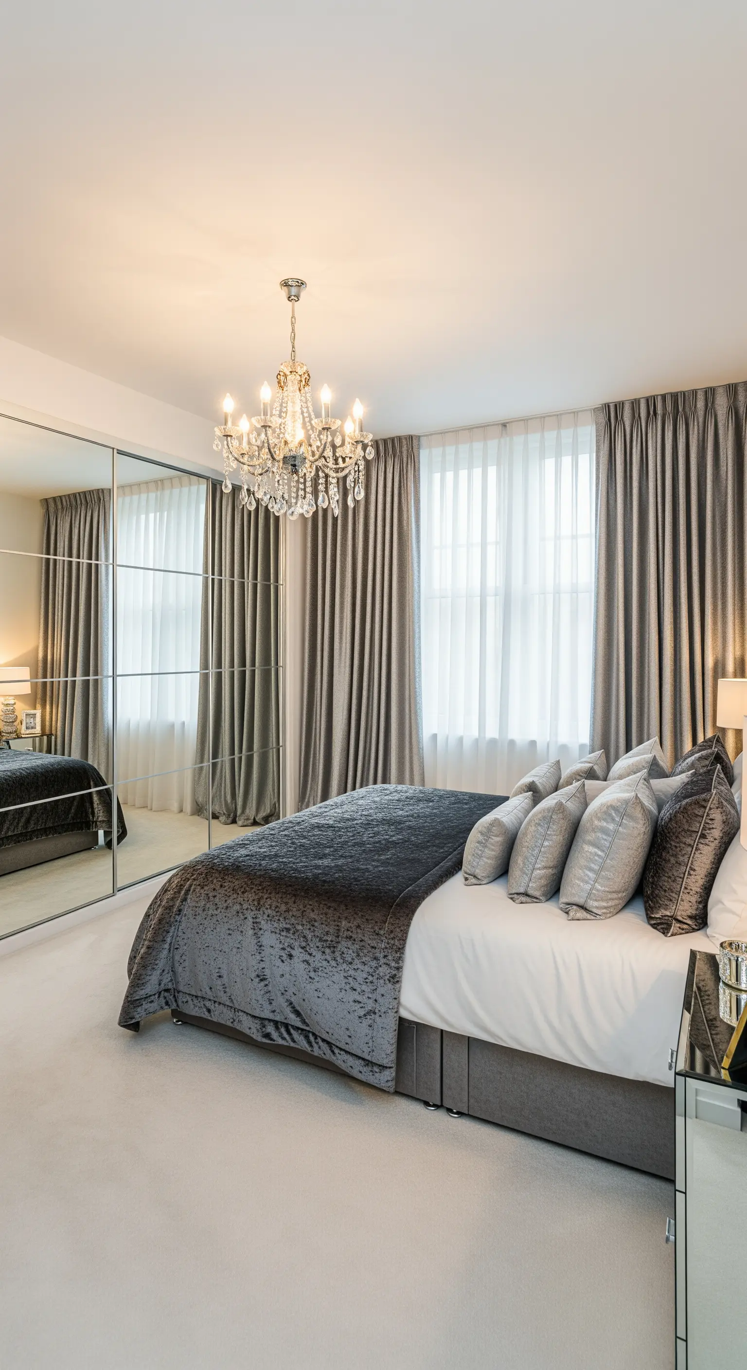 Graue Vorhänge spiegeln sich in Schrankwand