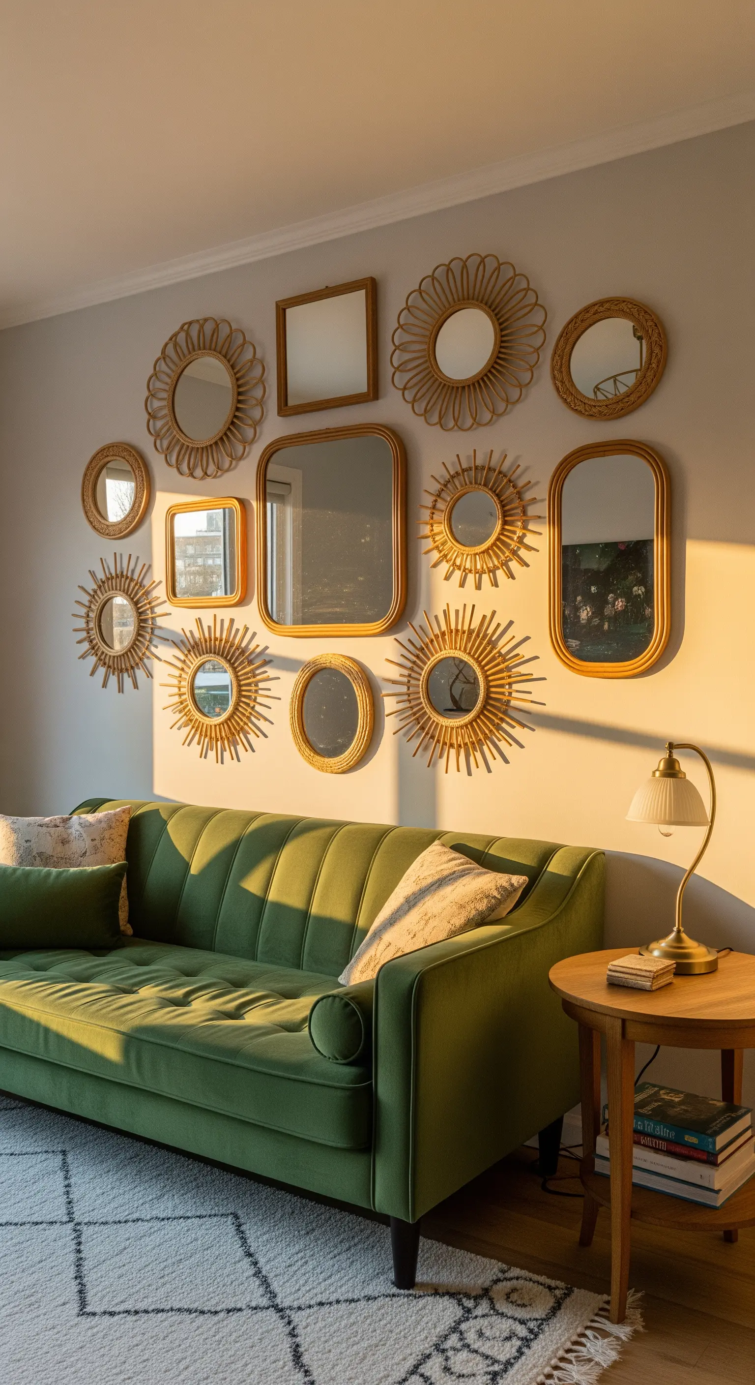 Grünes Samtsofa mit einer Wand voller Rattan-Spiegel