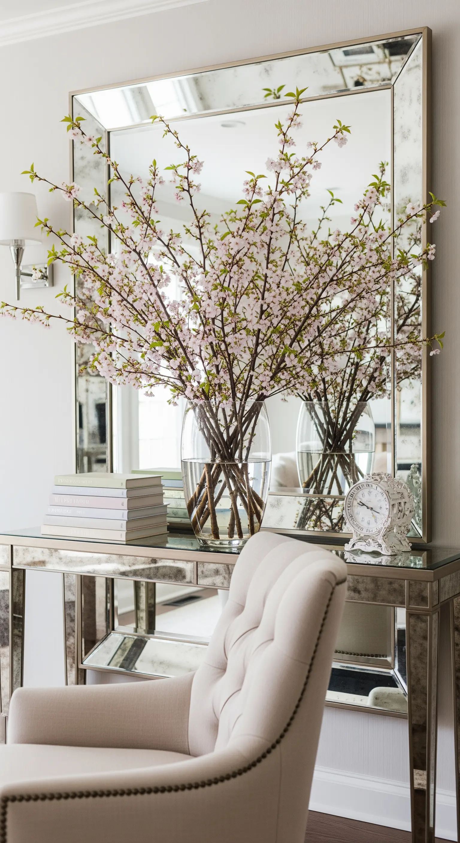 Großer Spiegel hinter Vase mit Kirschblütenzweigen