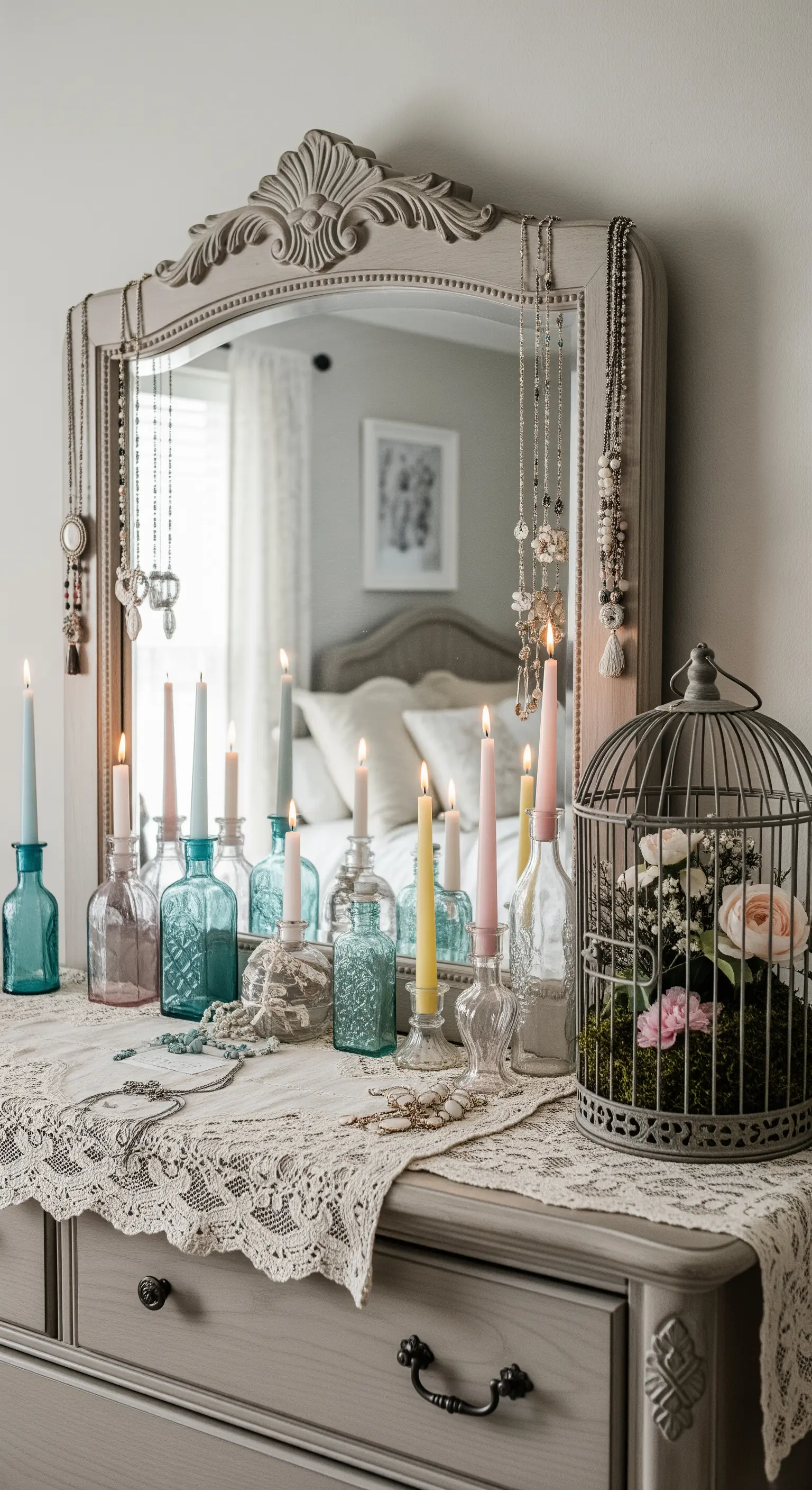 Spiegelkommode mit hängenden Ketten, Kerzen und Vogelkäfig