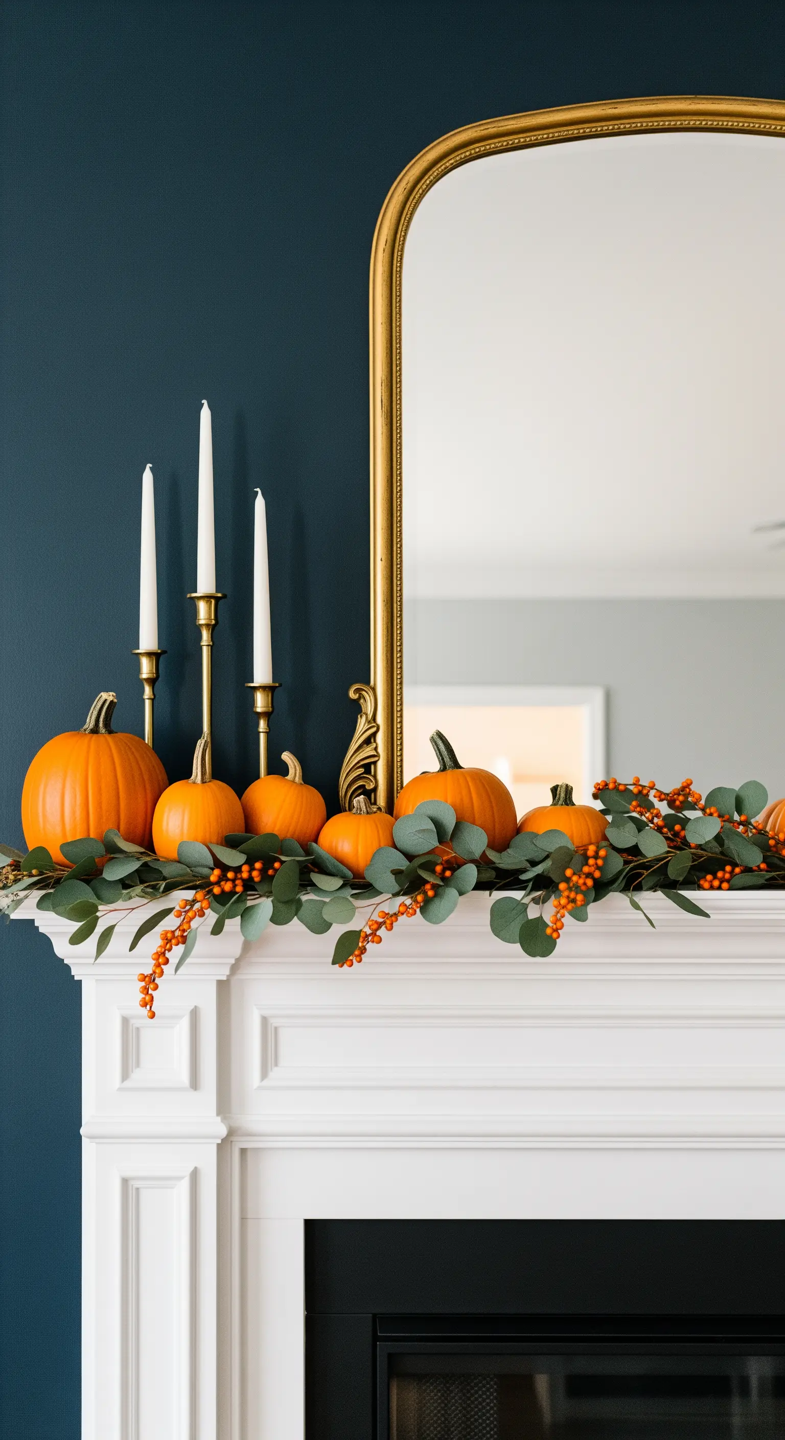 Goldener Spiegel über Kamin mit oranger Herbstdeko