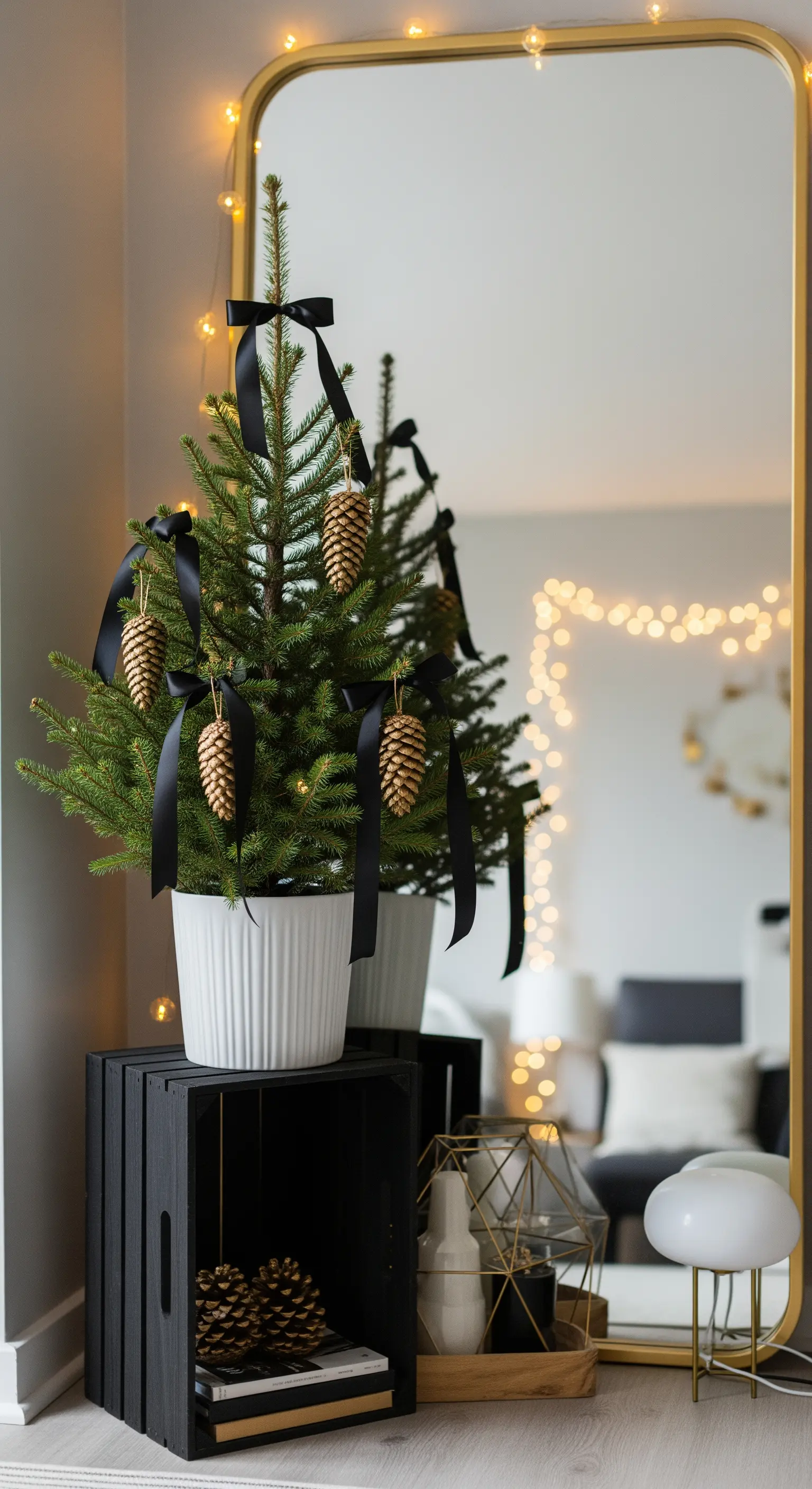 Kleiner Weihnachtsbaum auf Podest vor großem Wandspiegel