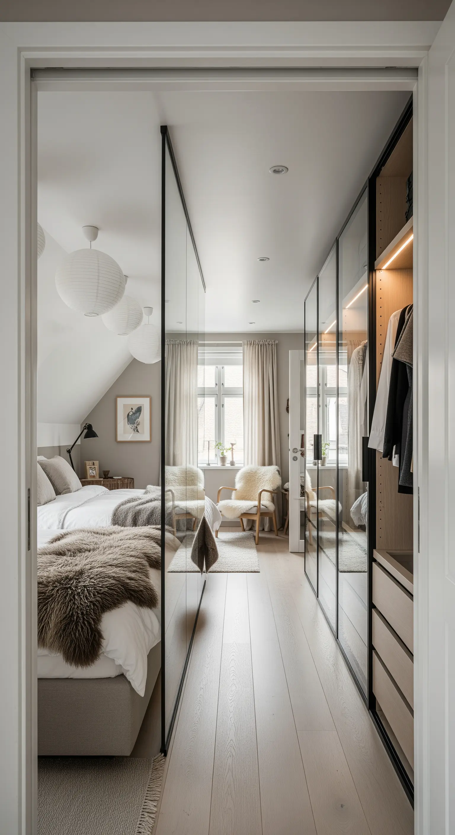 Helles Schlafzimmer mit verspiegelten Schrankfronten und Fell-Textilien
