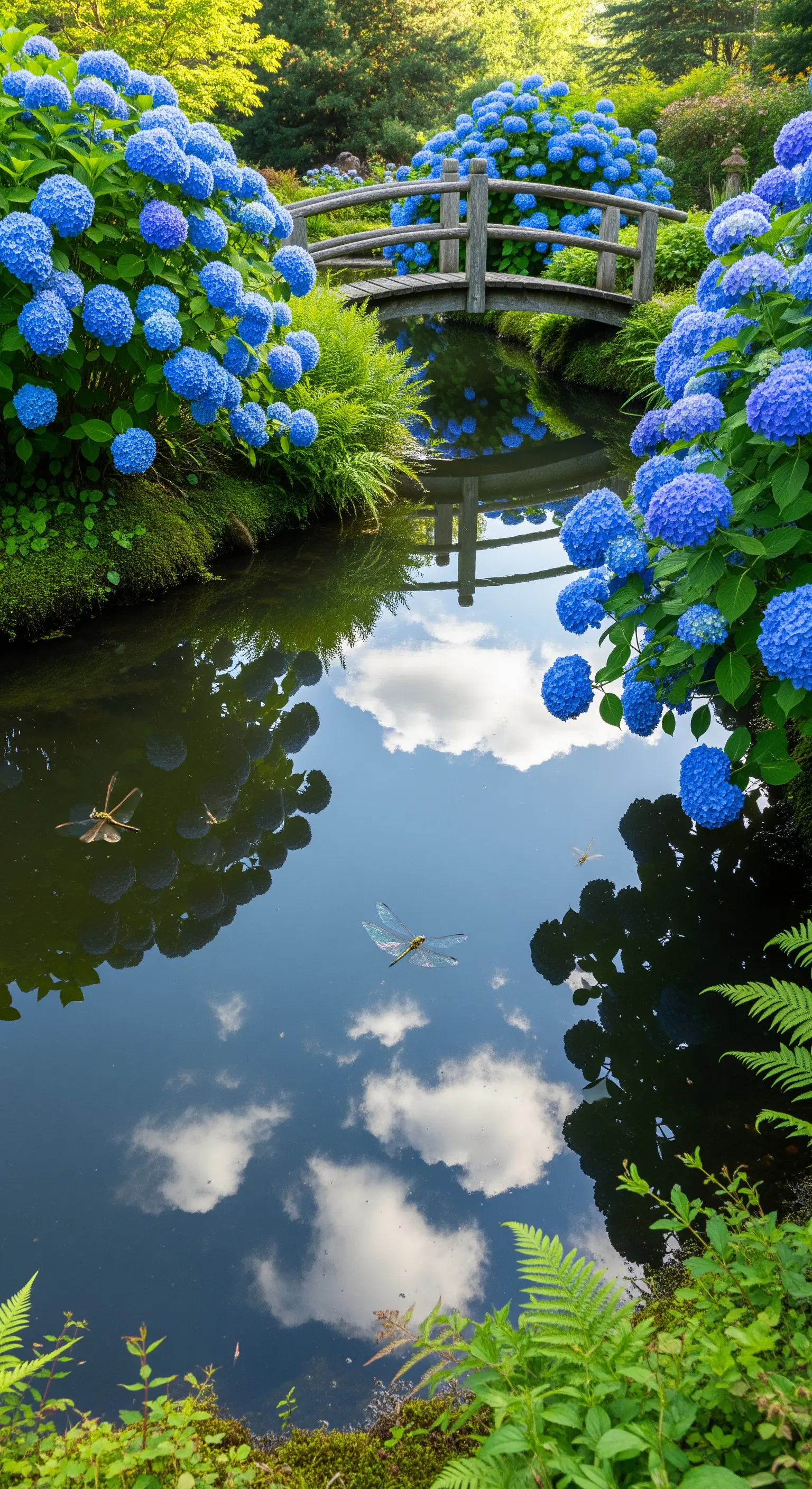 Holzbrücke über Teich mit blauen Hortensien am Ufer