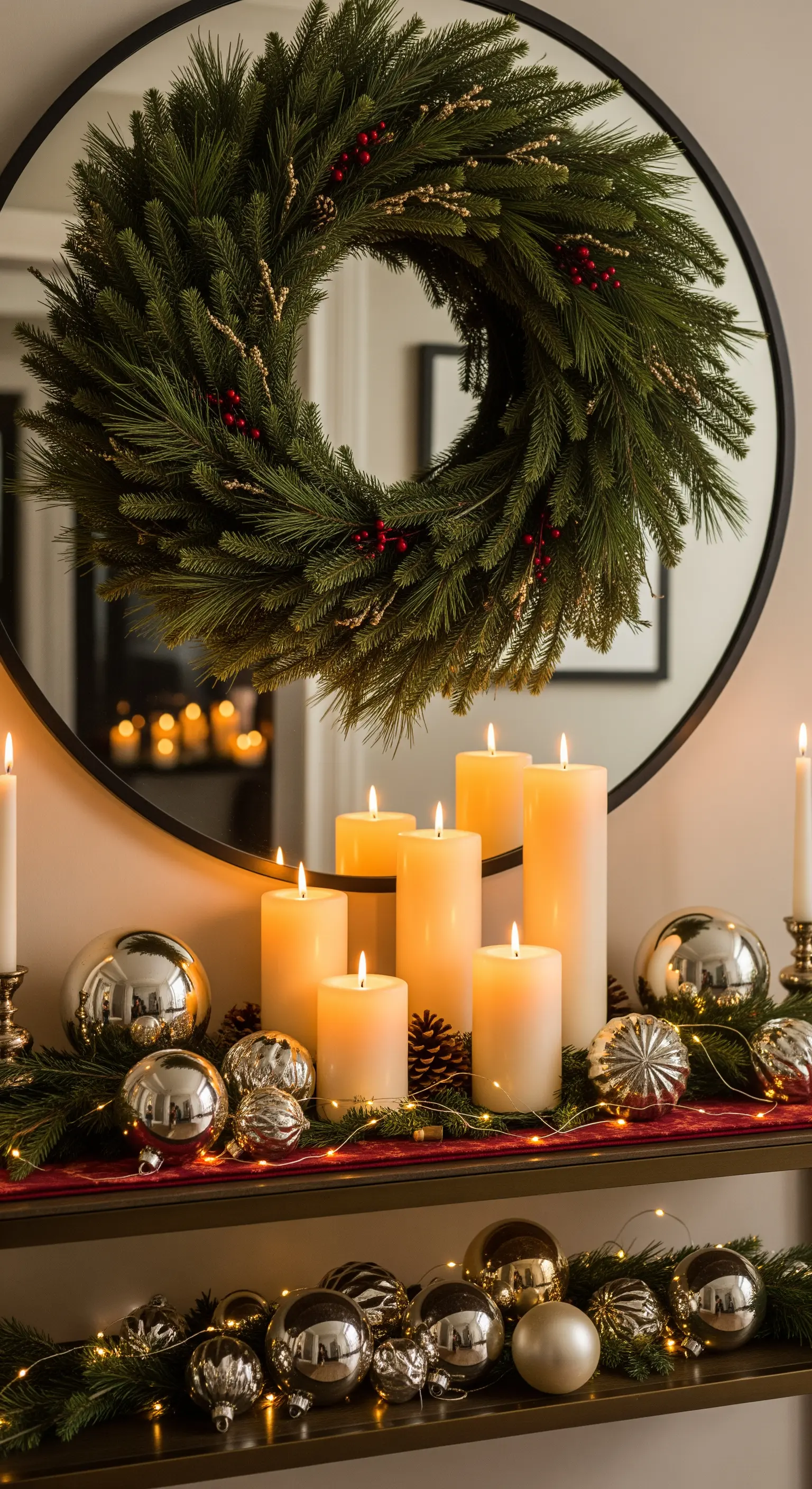 Tannenkranz am Spiegel mit Blockkerzen auf Konsole