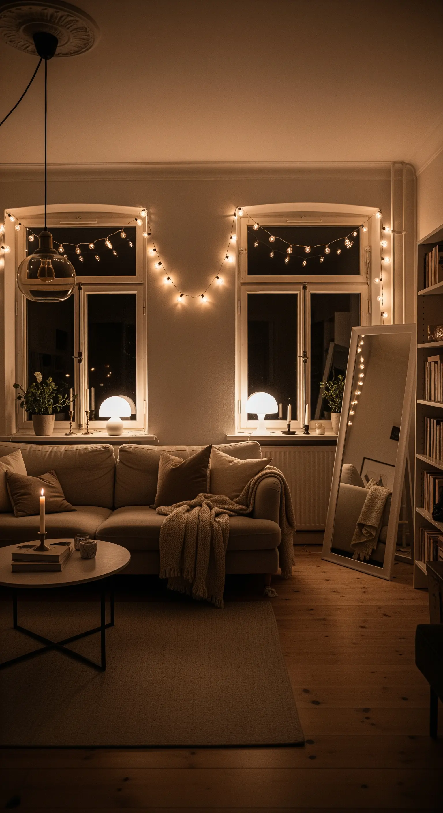 Großer Spiegel mit Lichterkette umrandet