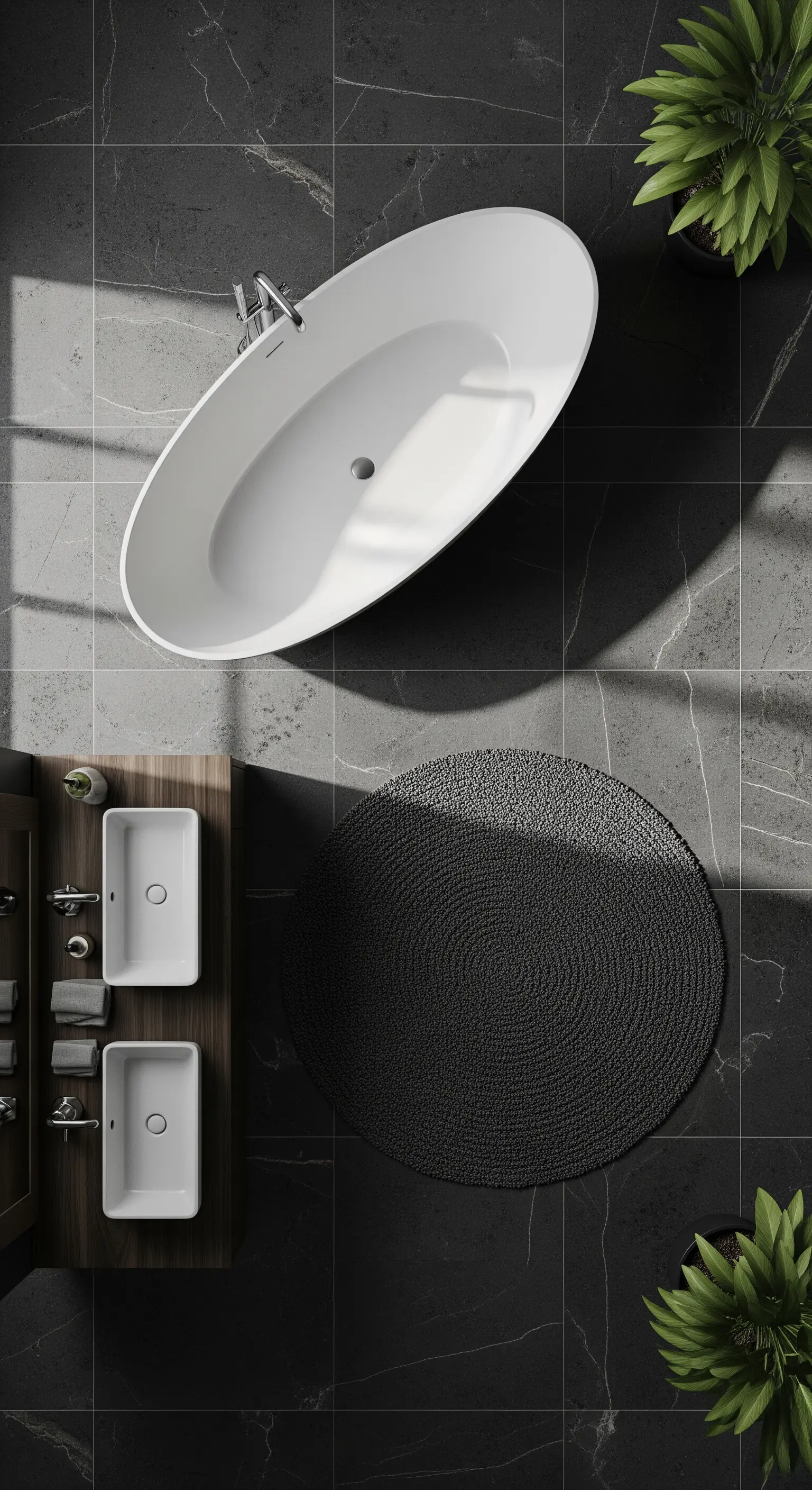 Draufsicht auf ovale Badewanne mit rundem Teppich auf dunklen Fliesen