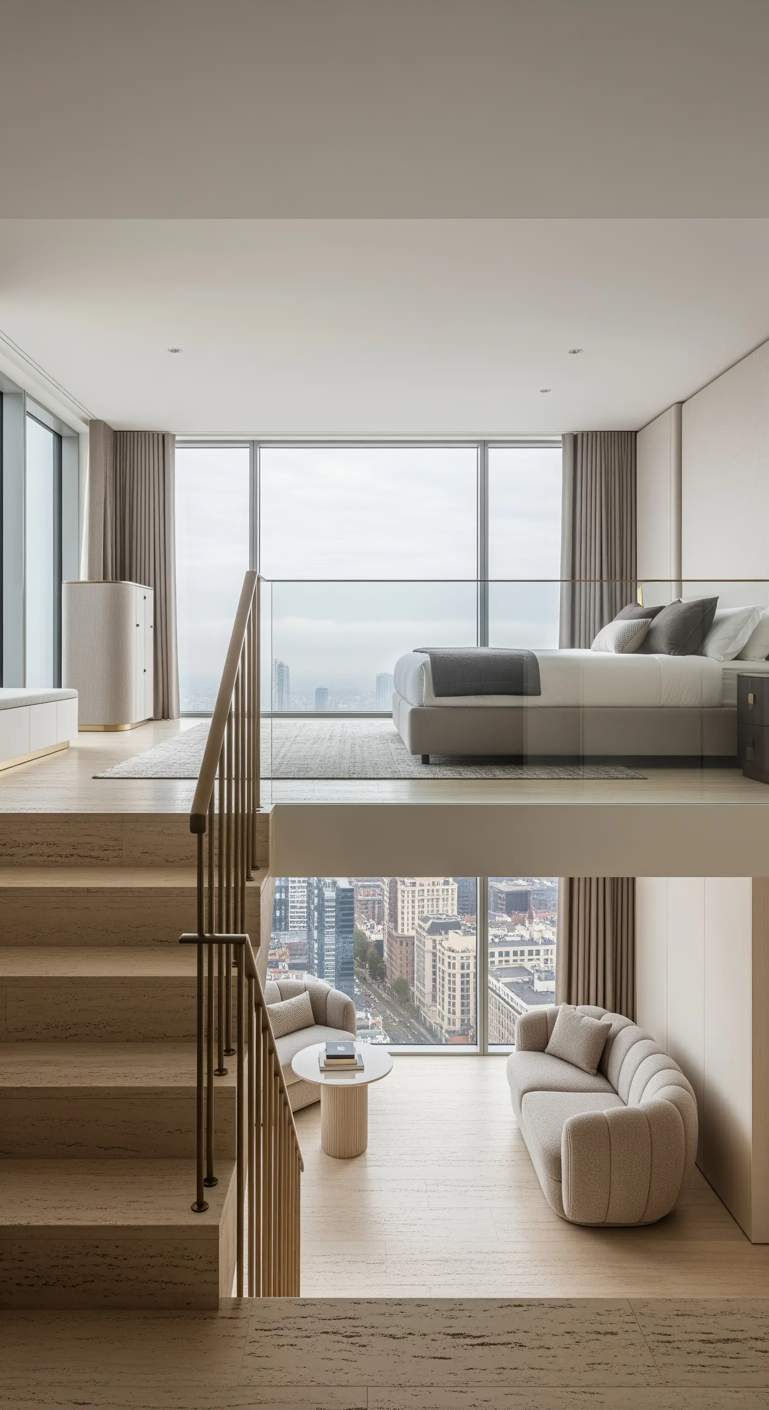 Zweistöckiges Loft-Schlafzimmer mit Galeriebett und Lounge-Bereich unten