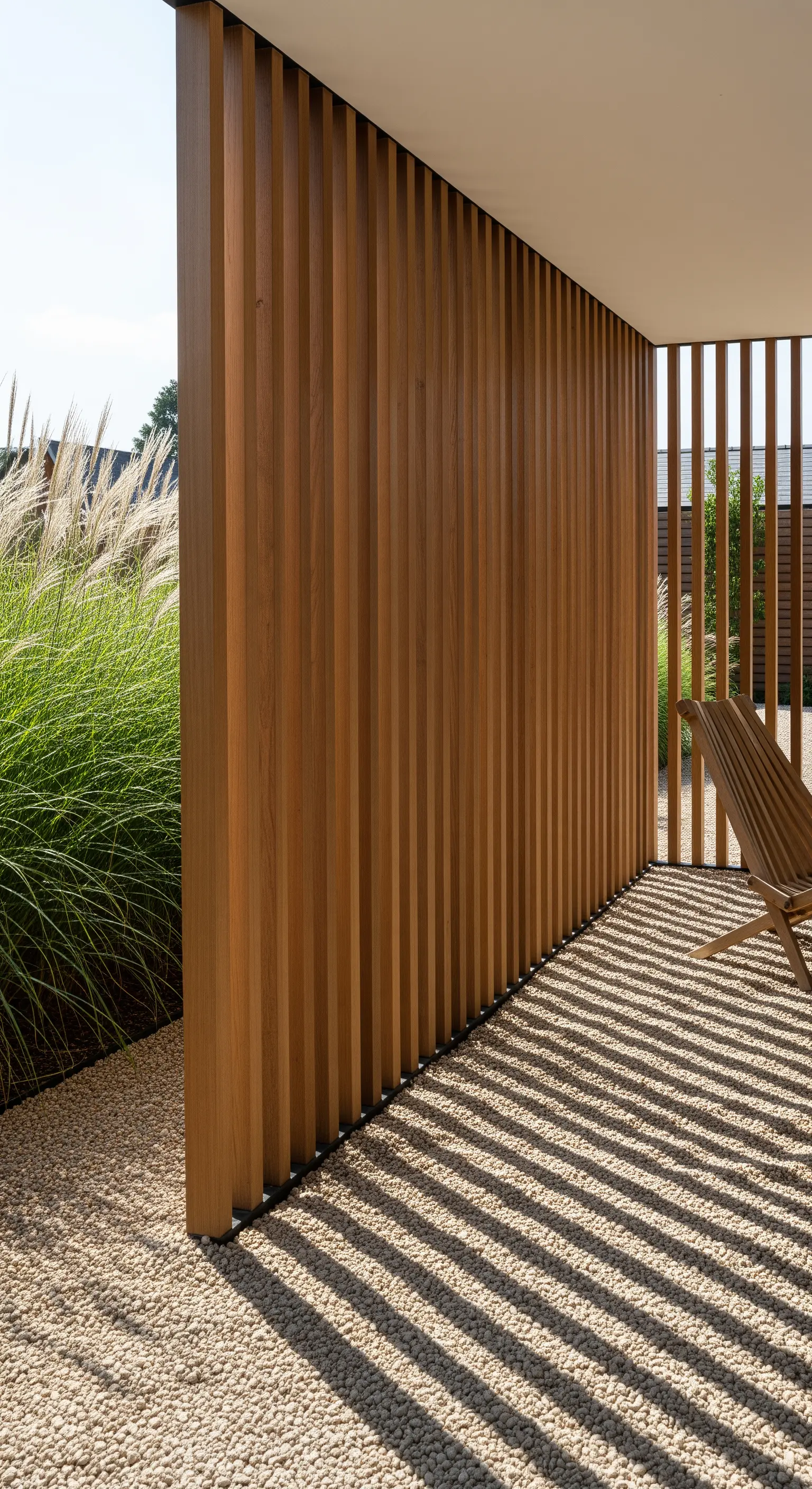 Lamellenwand aus Holz wirft Streifenschatten auf Kiesboden