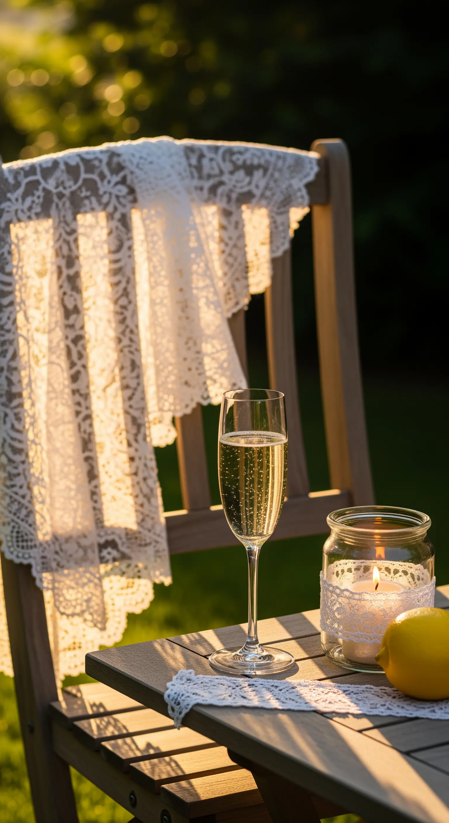 Holzstuhl mit übergelegter Spitzendecke im Gegenlicht