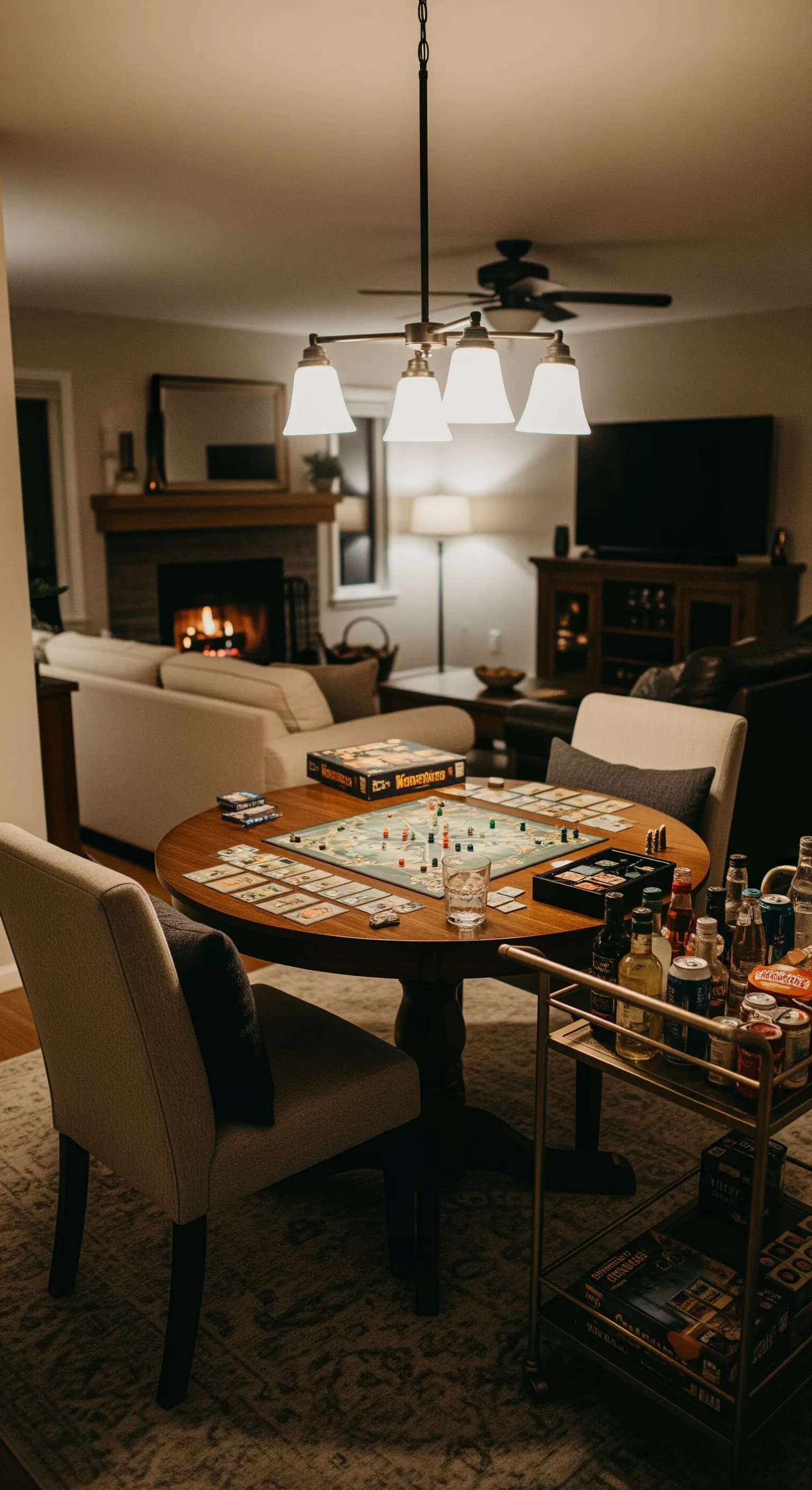 Runder Tisch mit Brettspiel und Getränkewagen