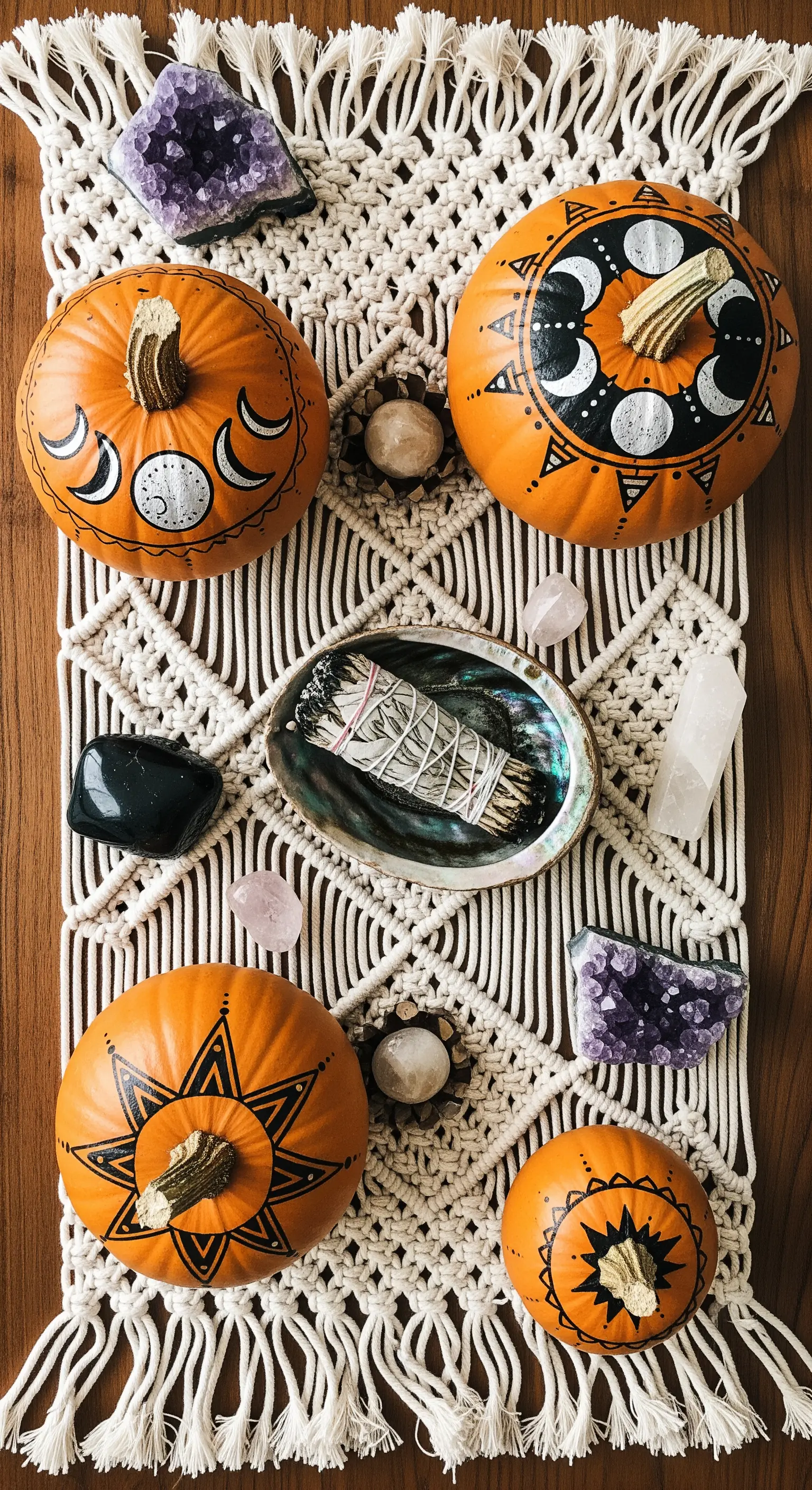 Bemalte Mondphasen-Kürbisse auf Makramee-Läufer mit Kristallen