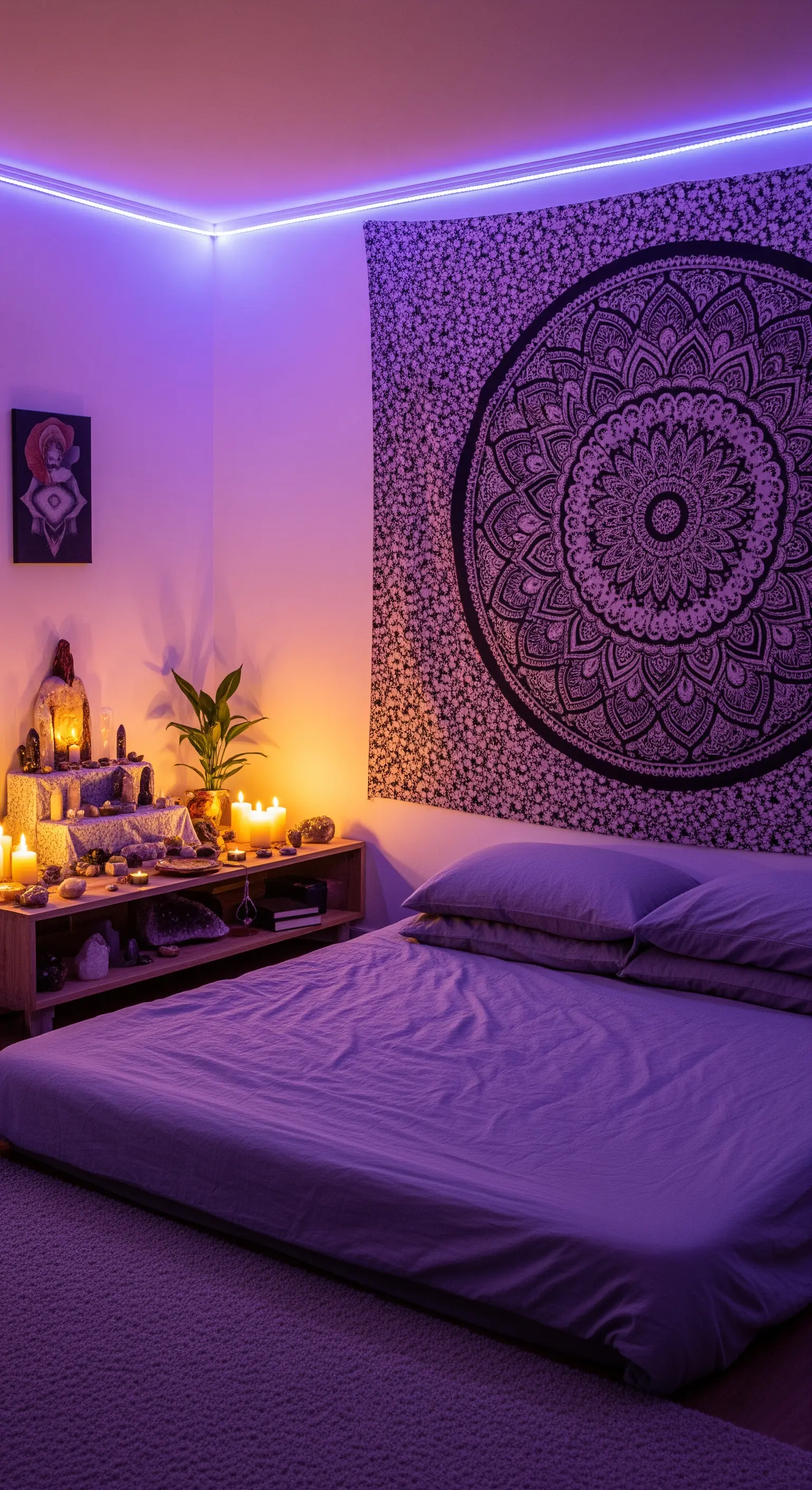Mandala Wandtuch mit lila LED Beleuchtung