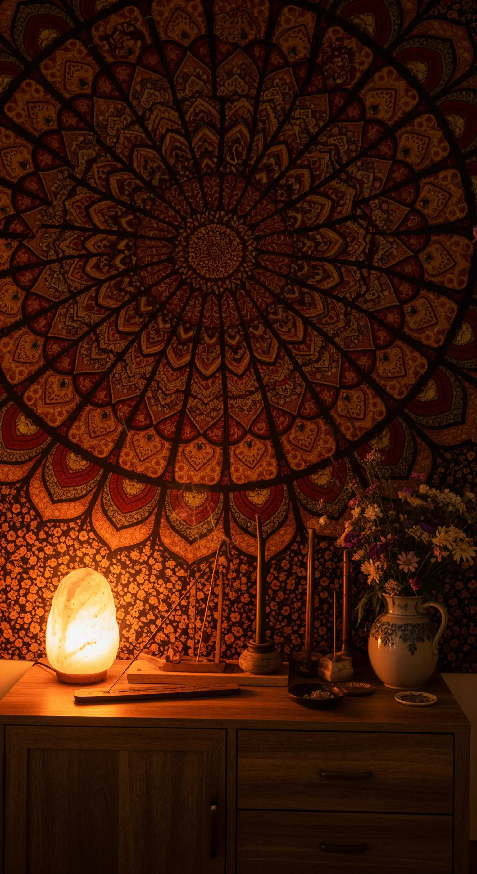 Großes Mandala-Wandtuch hinter Salzlampe und Räucherstäbchen