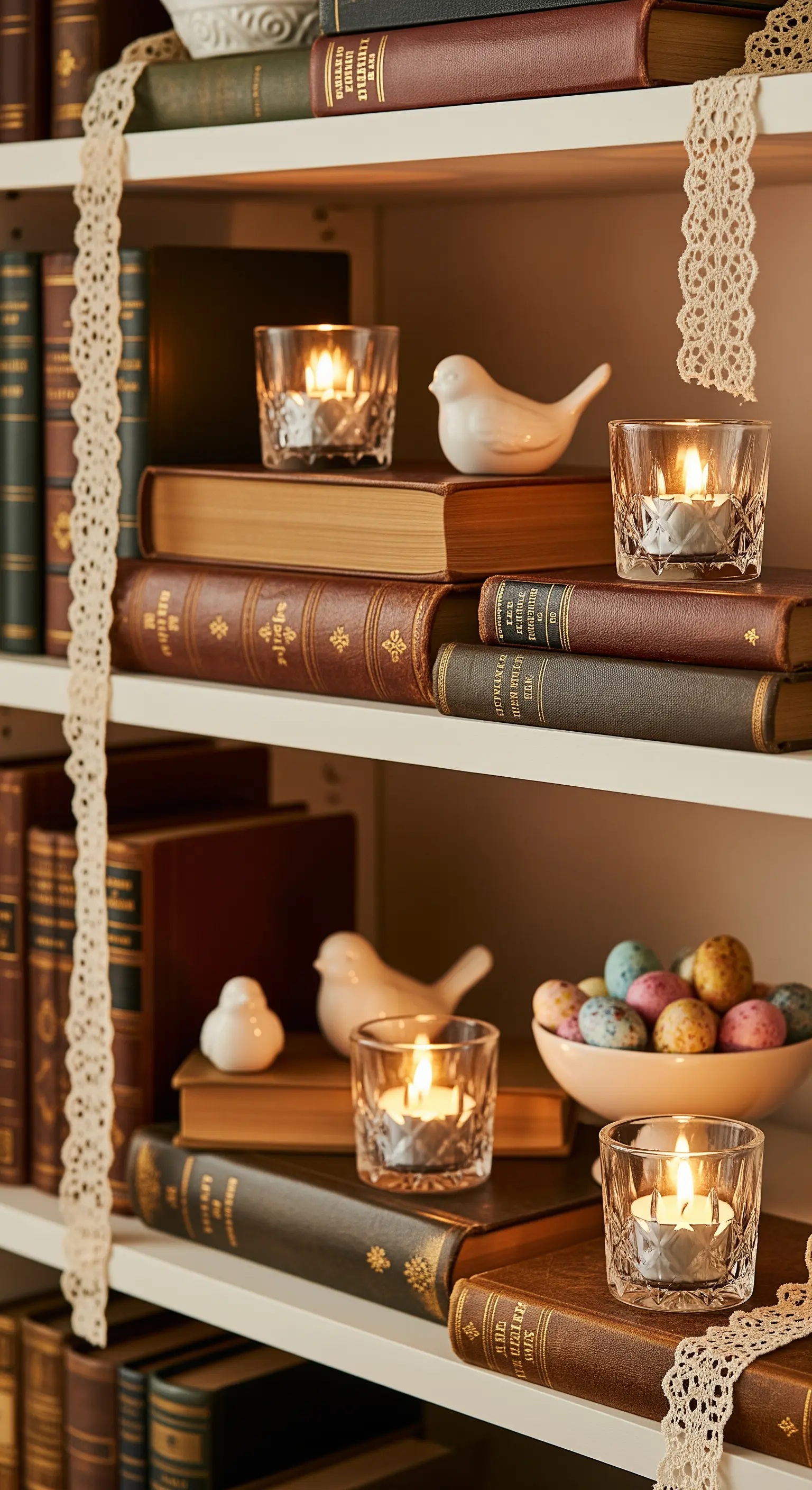 Bücherregal mit hängendem Spitzenband, Vögeln und Kerzenlicht