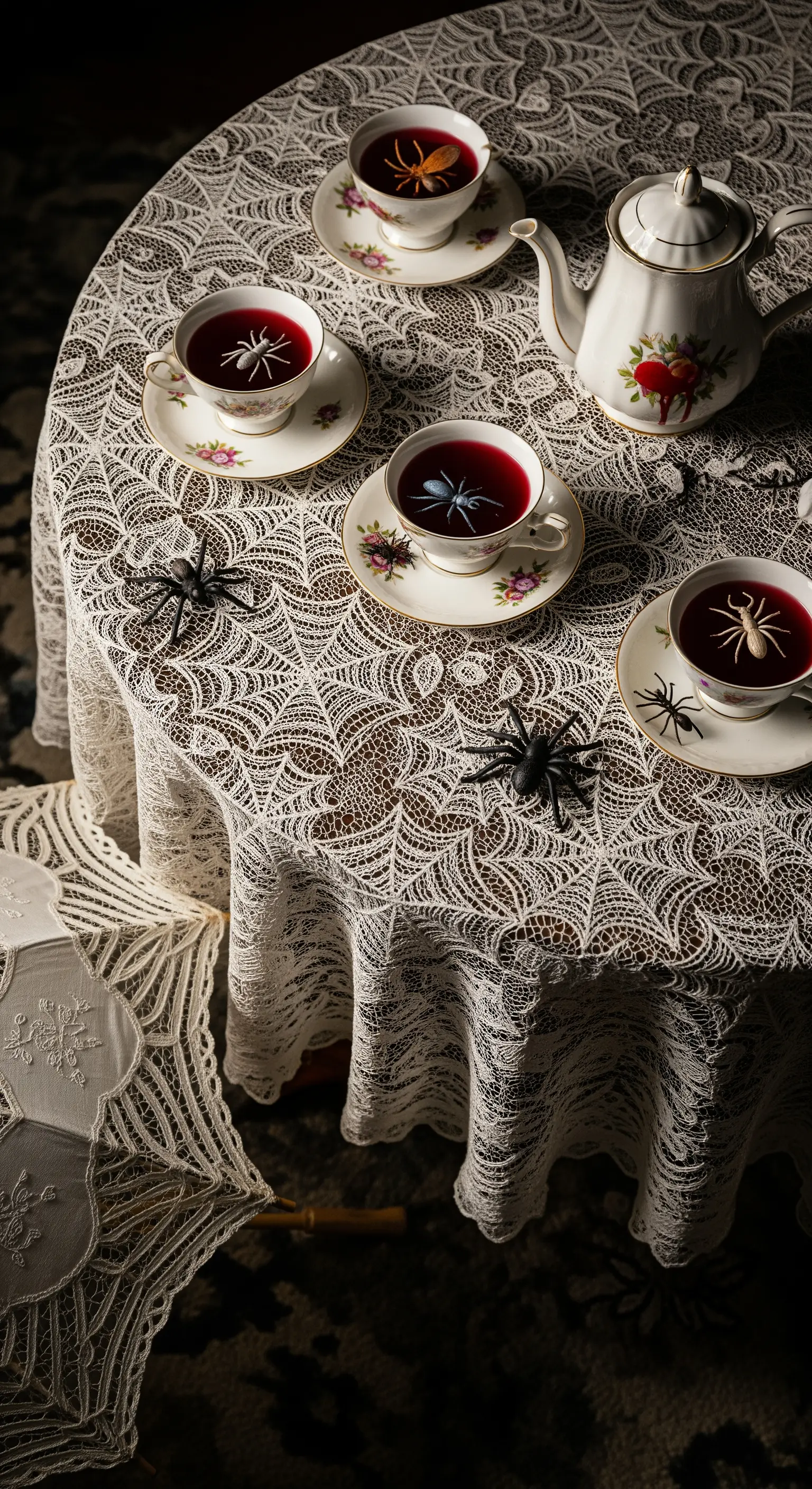 Porzellan-Geschirr auf Spitzendecke mit rotem Tee und Spinnen