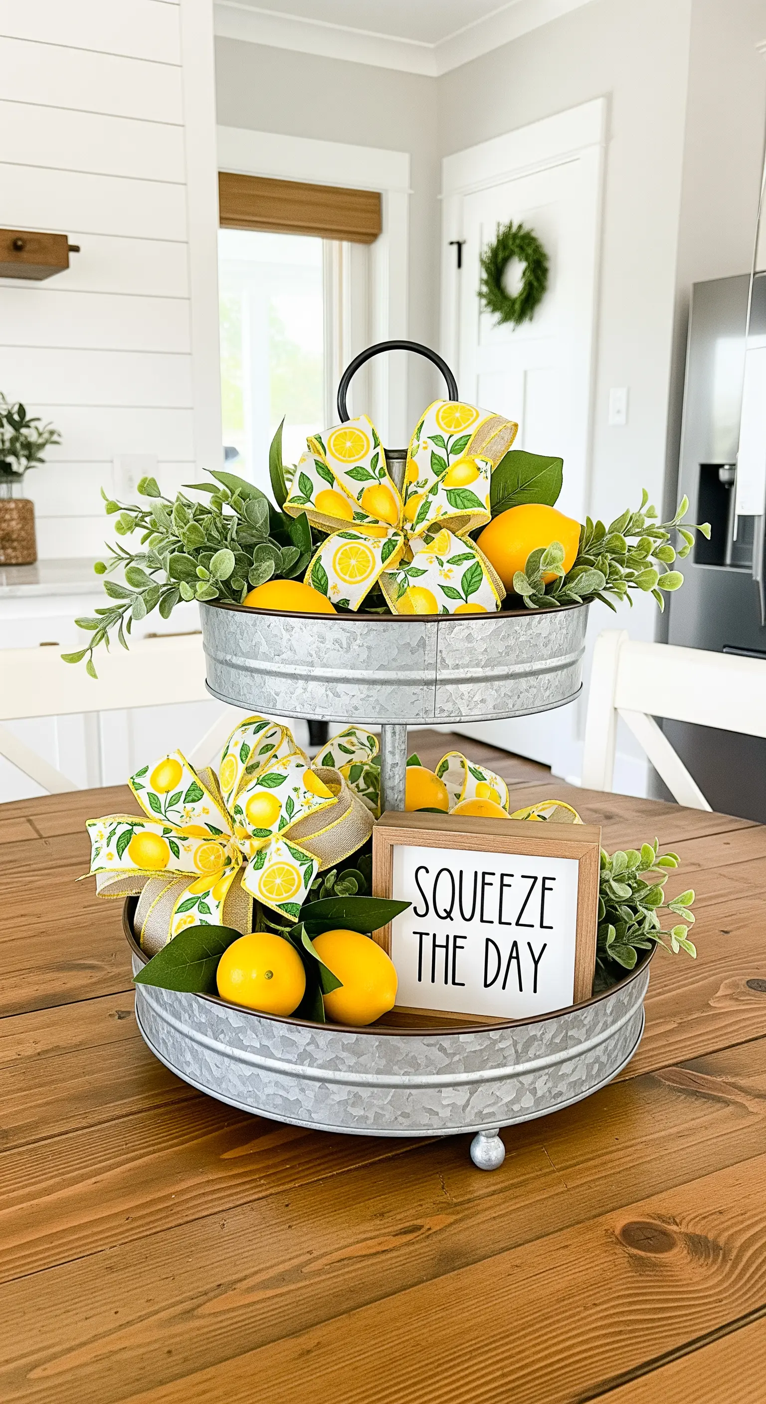 Verzinkte Etagere mit Zitronen, grünen Zweigen und thematischer Schleife