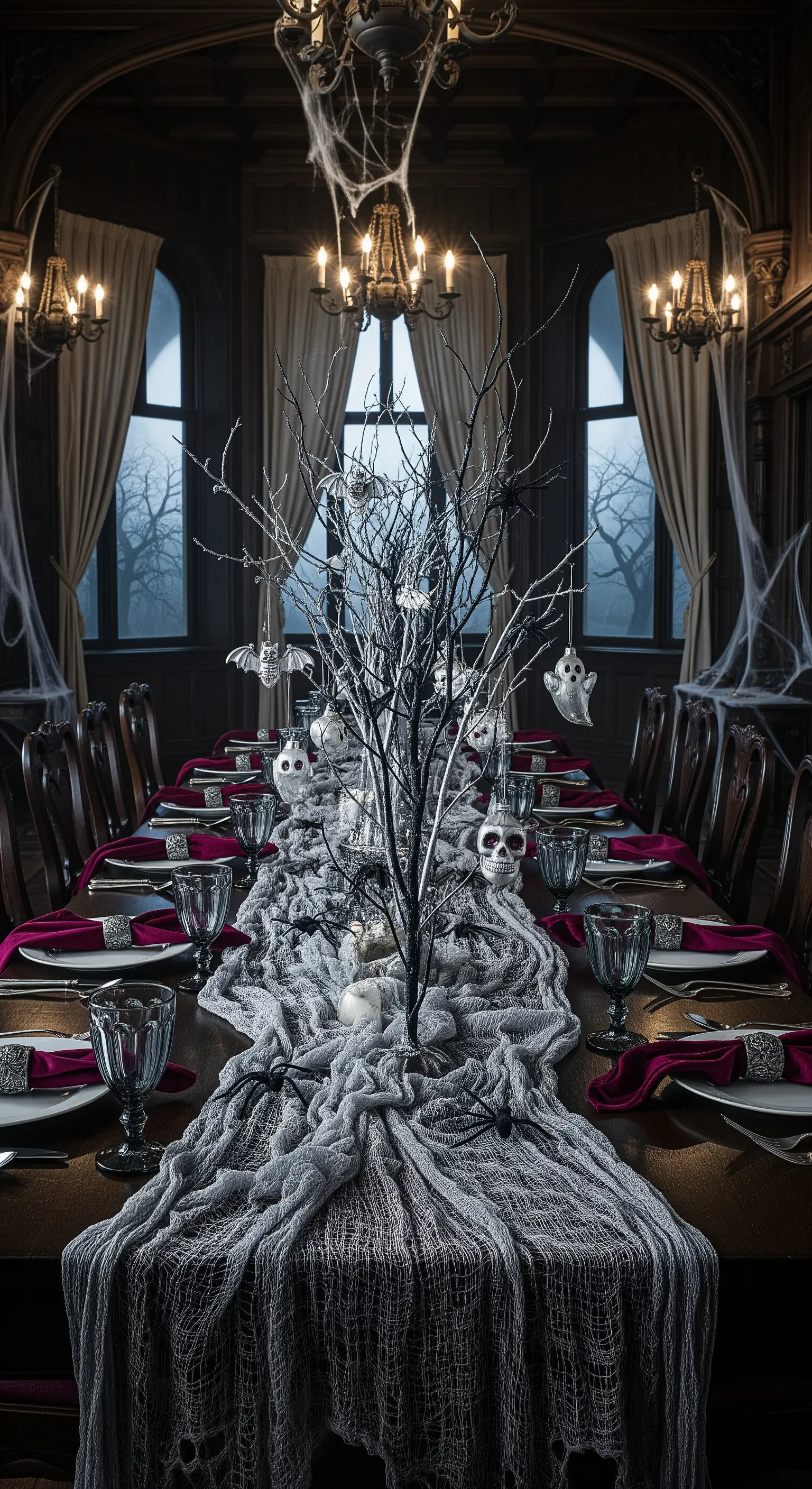 Schwarzer Dekobaum auf grauem Mull-Läufer mit Fledermaus-Anhängern