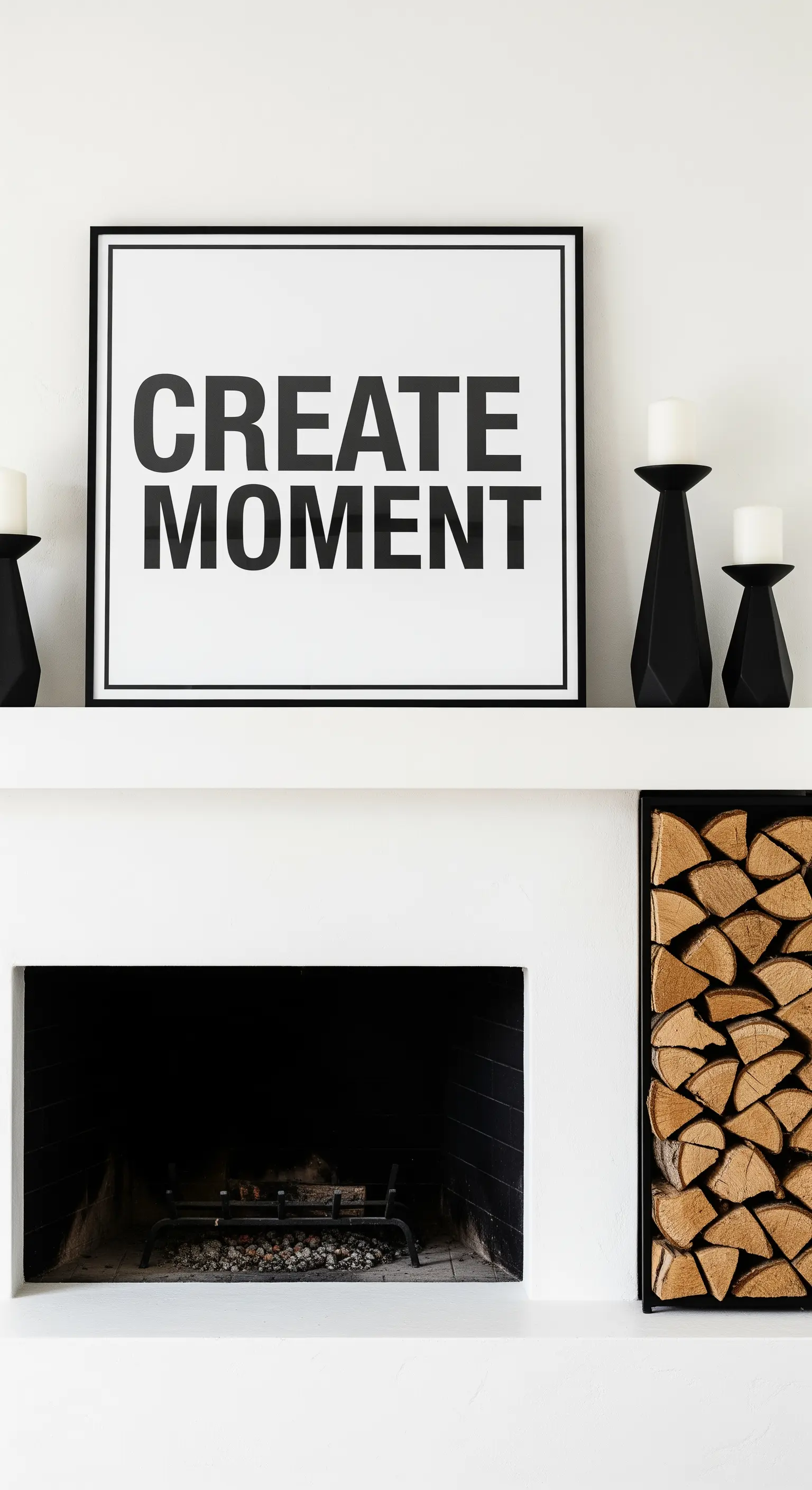 Typografie-Poster 'Create Moment' auf weißem Kamin