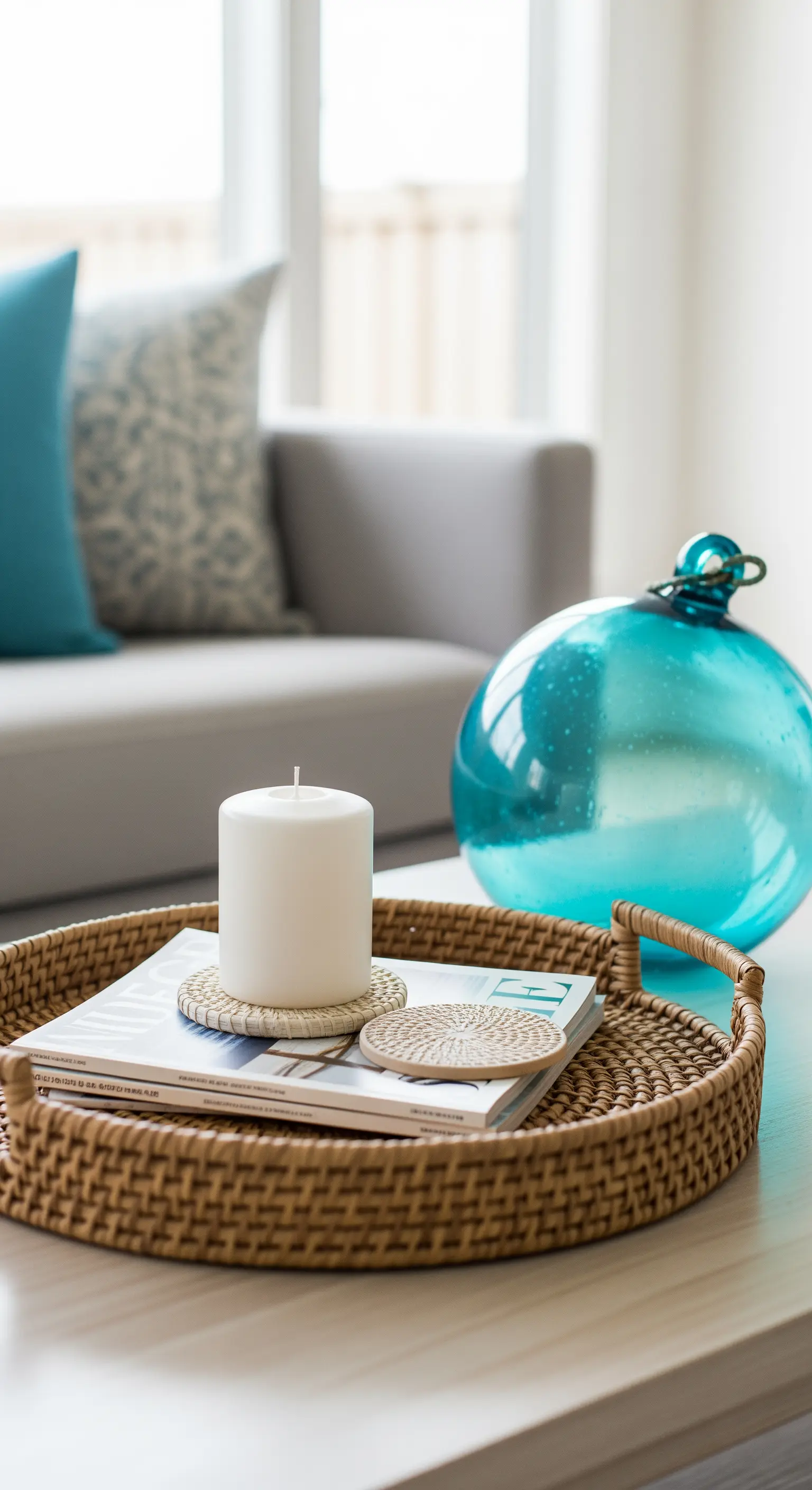 Couchtisch-Detail mit großer blauer Glaskugel und Rattan-Tablett