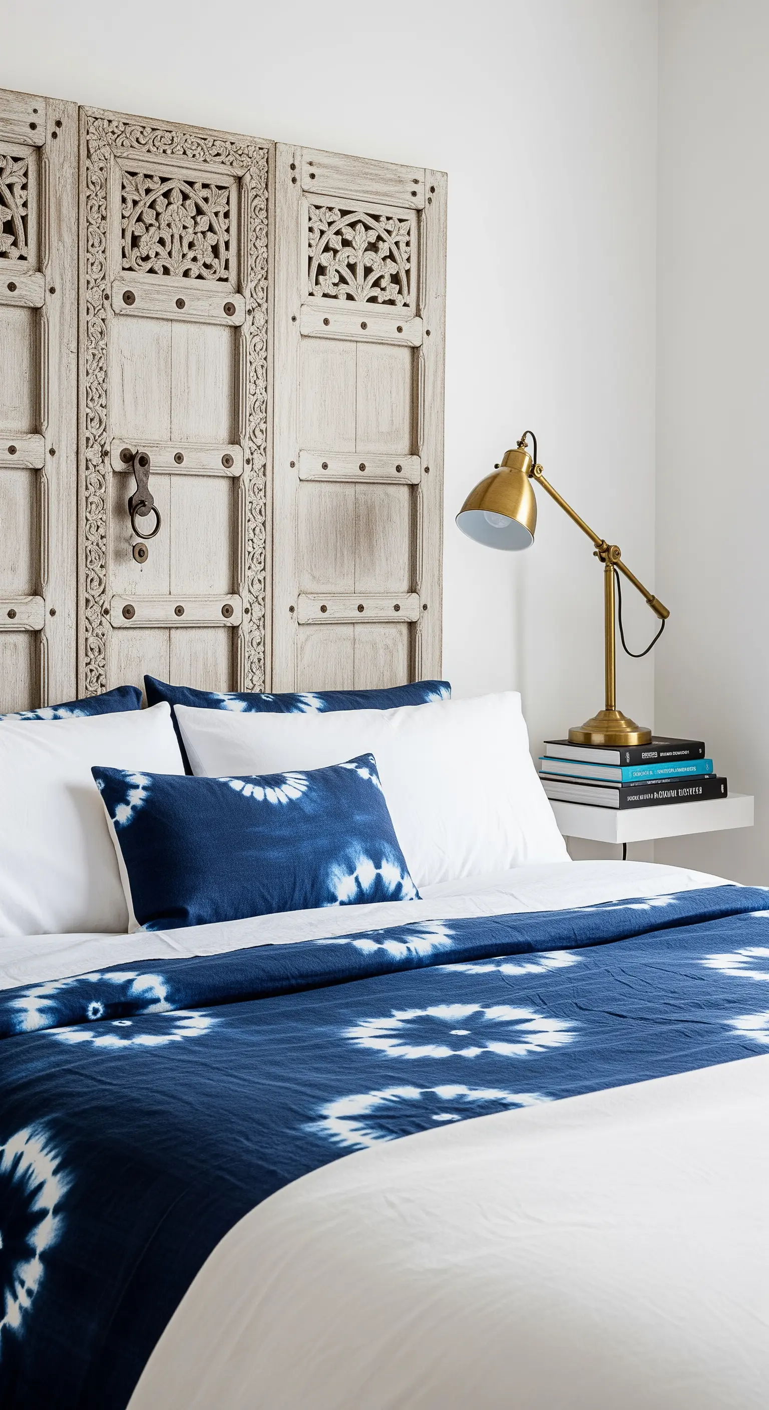 Bett mit antikem geschnitzten Holzkopfteil und blauer Batik-Wäsche