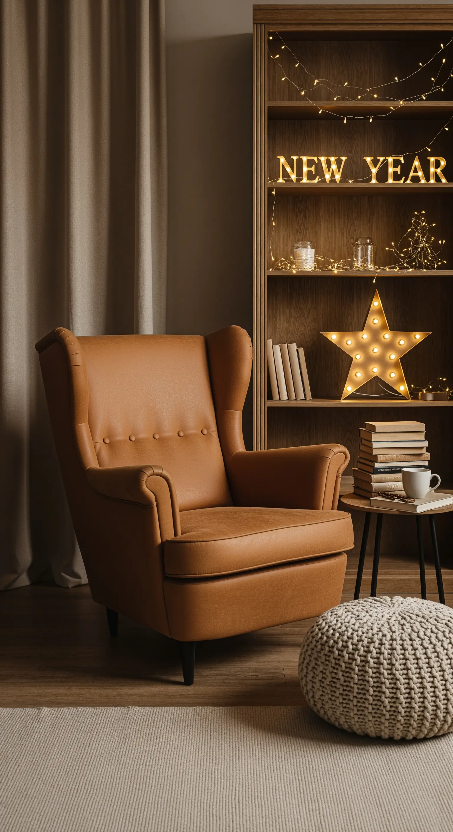 Leseecke mit Ledersessel und Leuchtstern