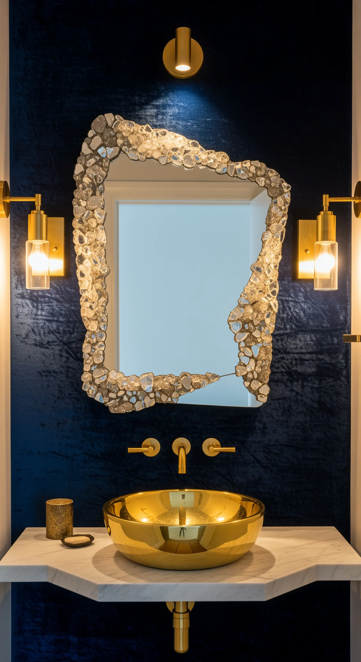 Dunkelblaue Samtwand mit asymmetrischem Kristallspiegel und goldenem Waschbecken