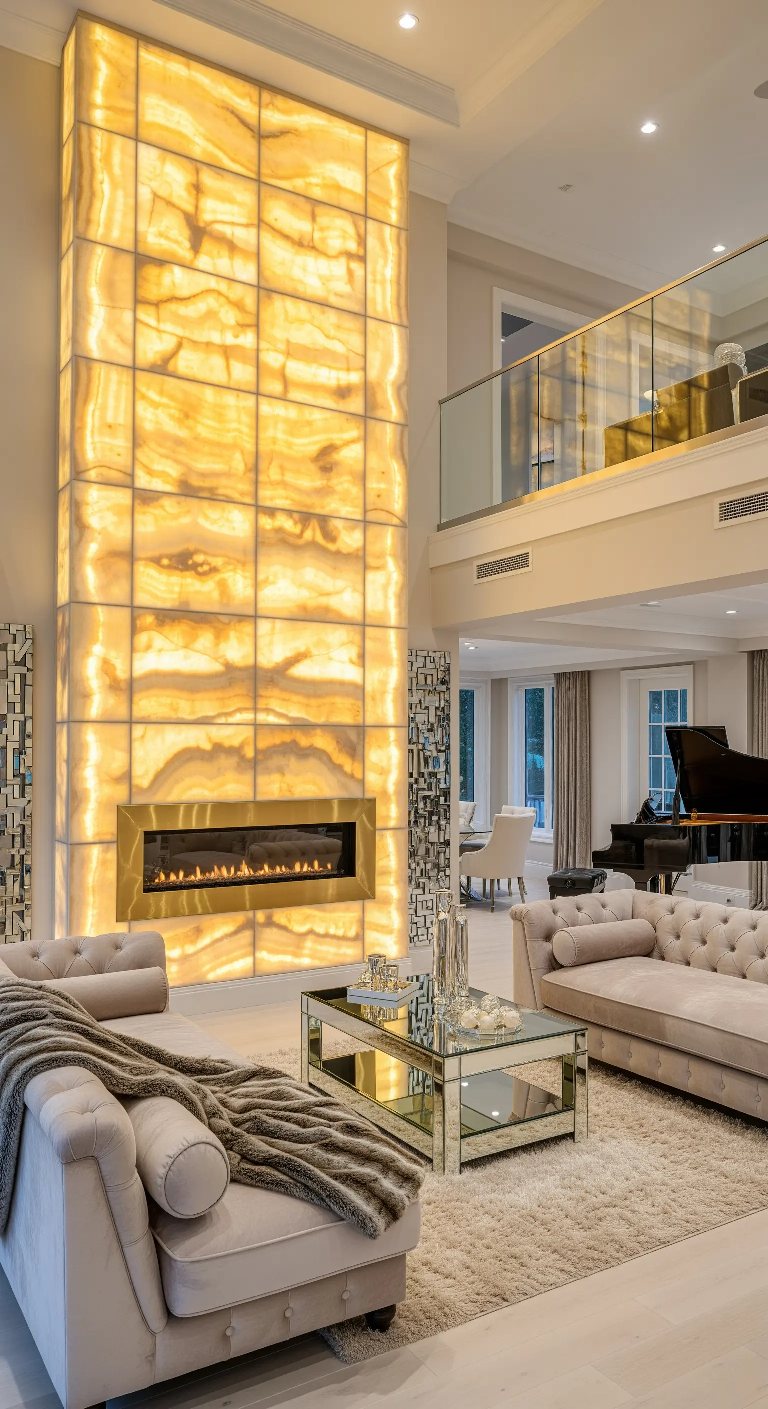 Imposante hinterleuchtete Onyx-Wand im zweistöckigen Wohnzimmer