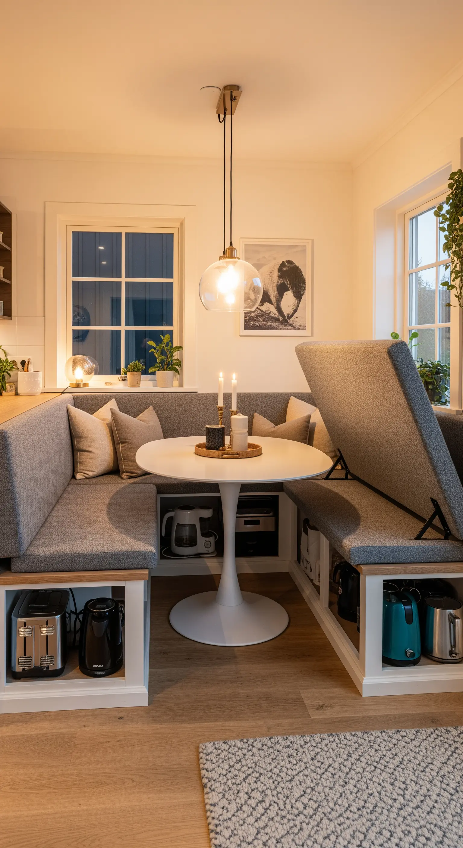 Geöffnete Sitzbank am Esstisch mit Stauraum