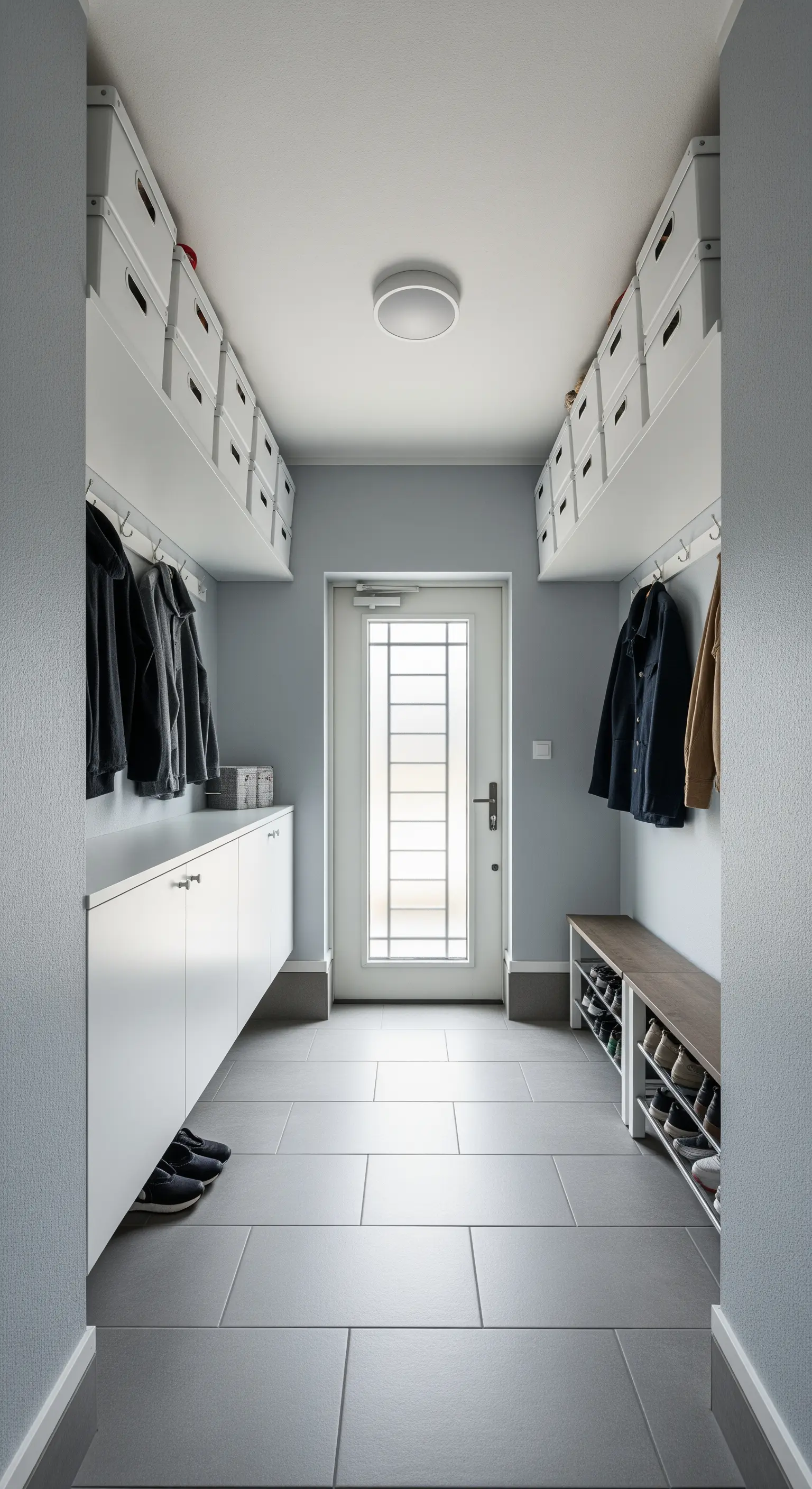 Hängeschränke und Regale im Flur unter der Decke