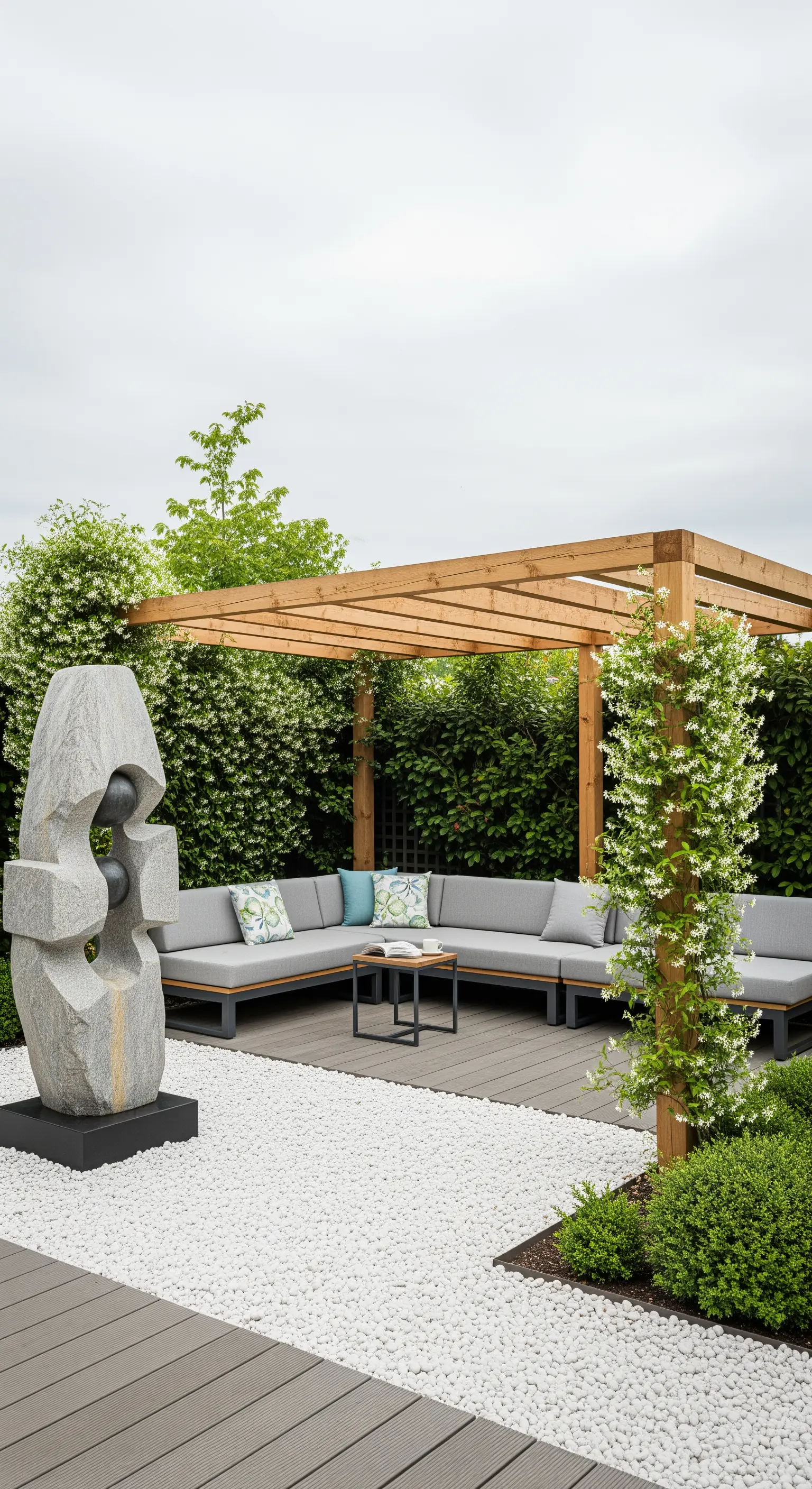 Moderne Steinskulptur neben Loungemöbeln