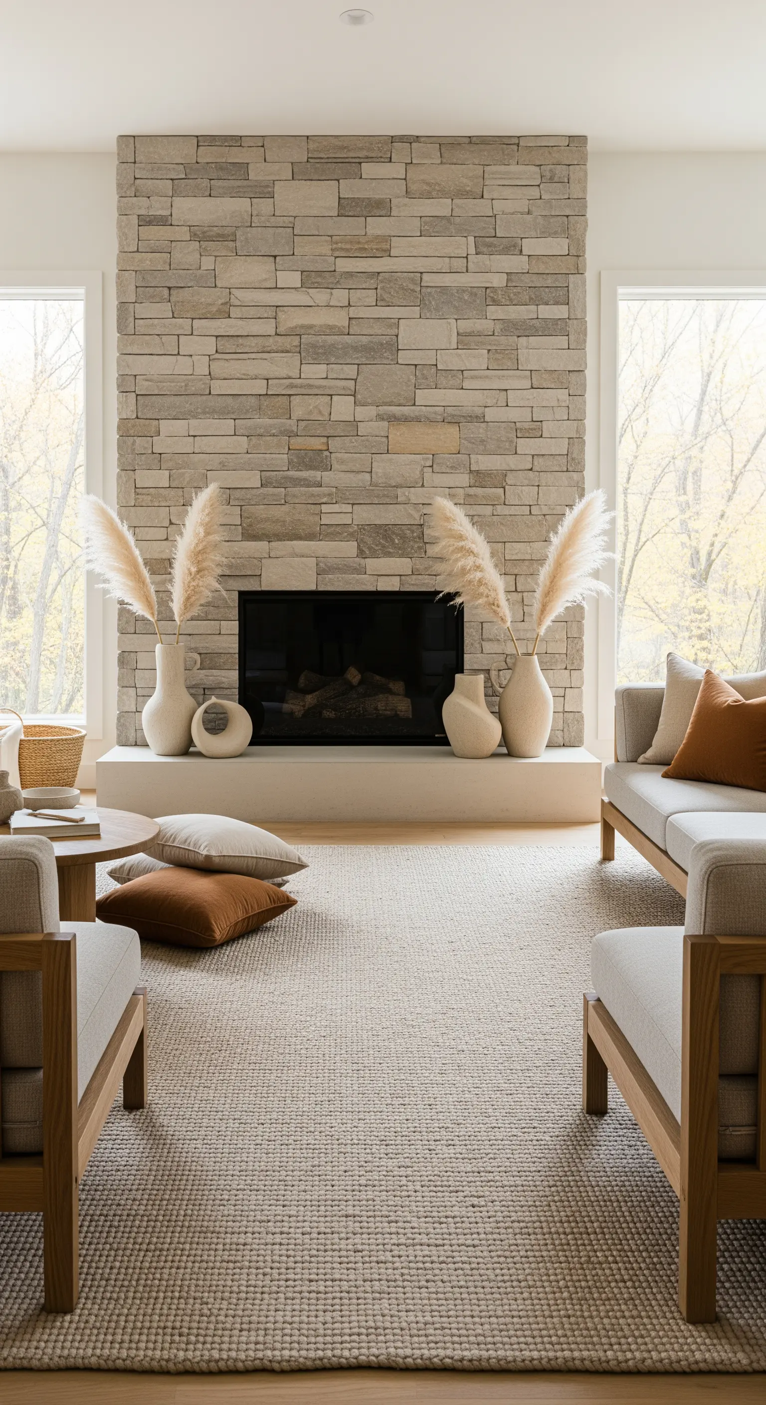 Steinkamin mit hellen Pampasgras-Vasen