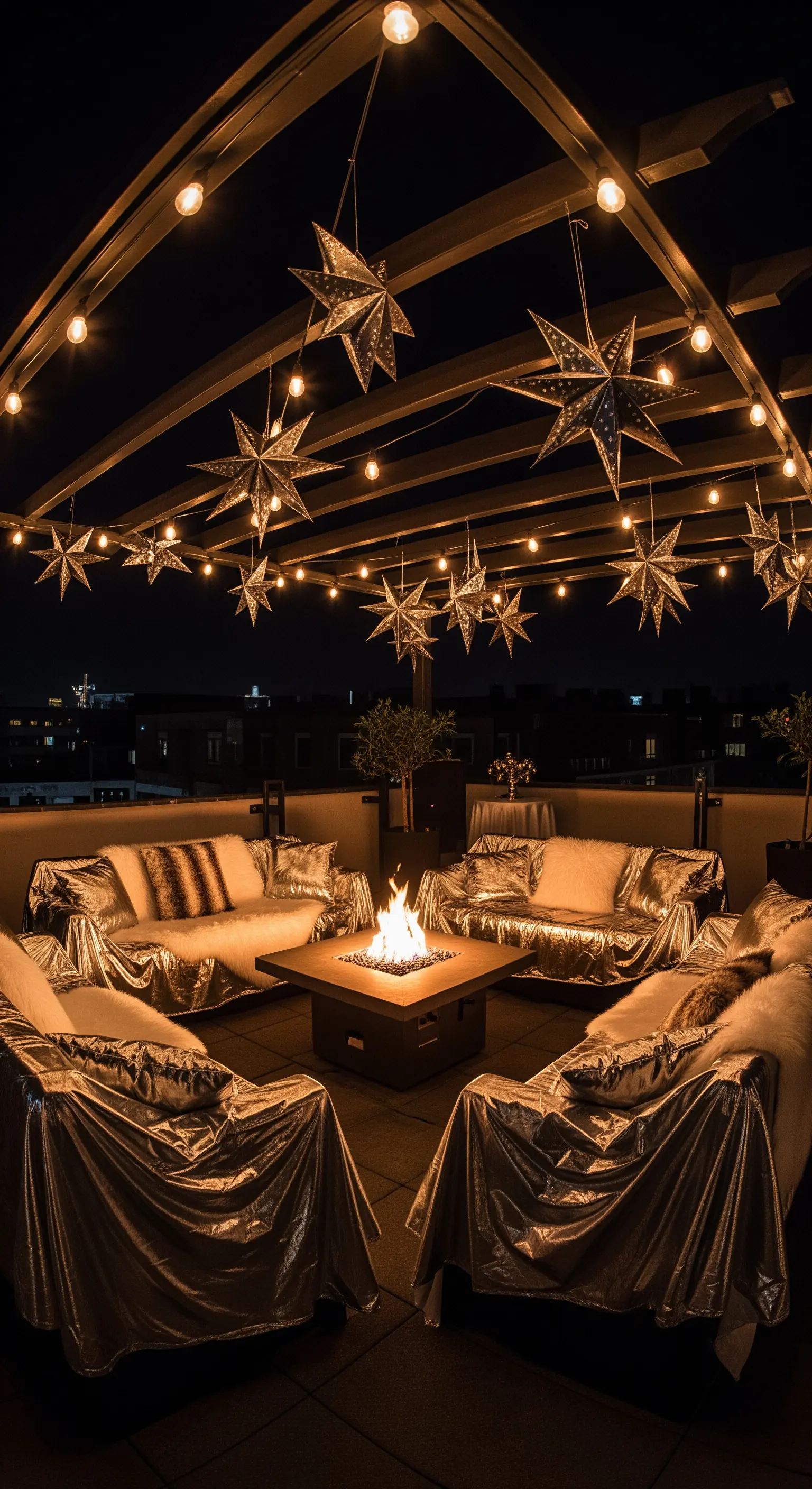 Terrasse bei Nacht mit hängenden Leuchtsternen