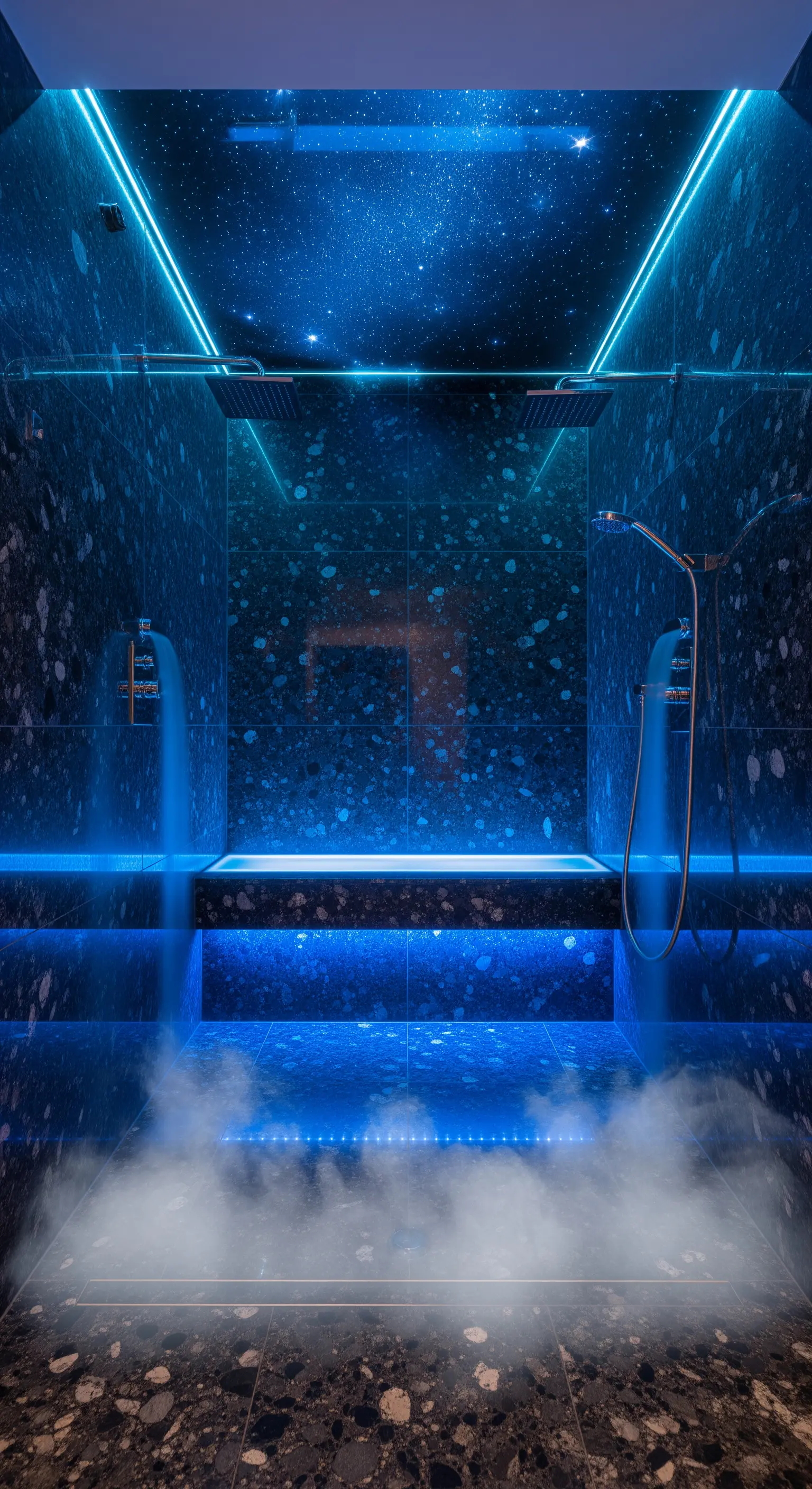 Dunkles Bad mit Sternenhimmel-Decke und blauem Licht