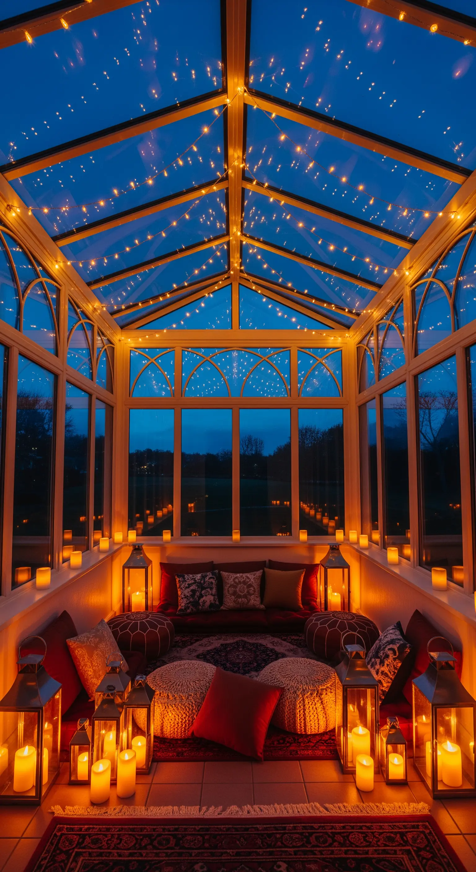 Wintergarten bei Nacht mit Lichterketten an der Decke und gemütlicher Sitzecke am Boden