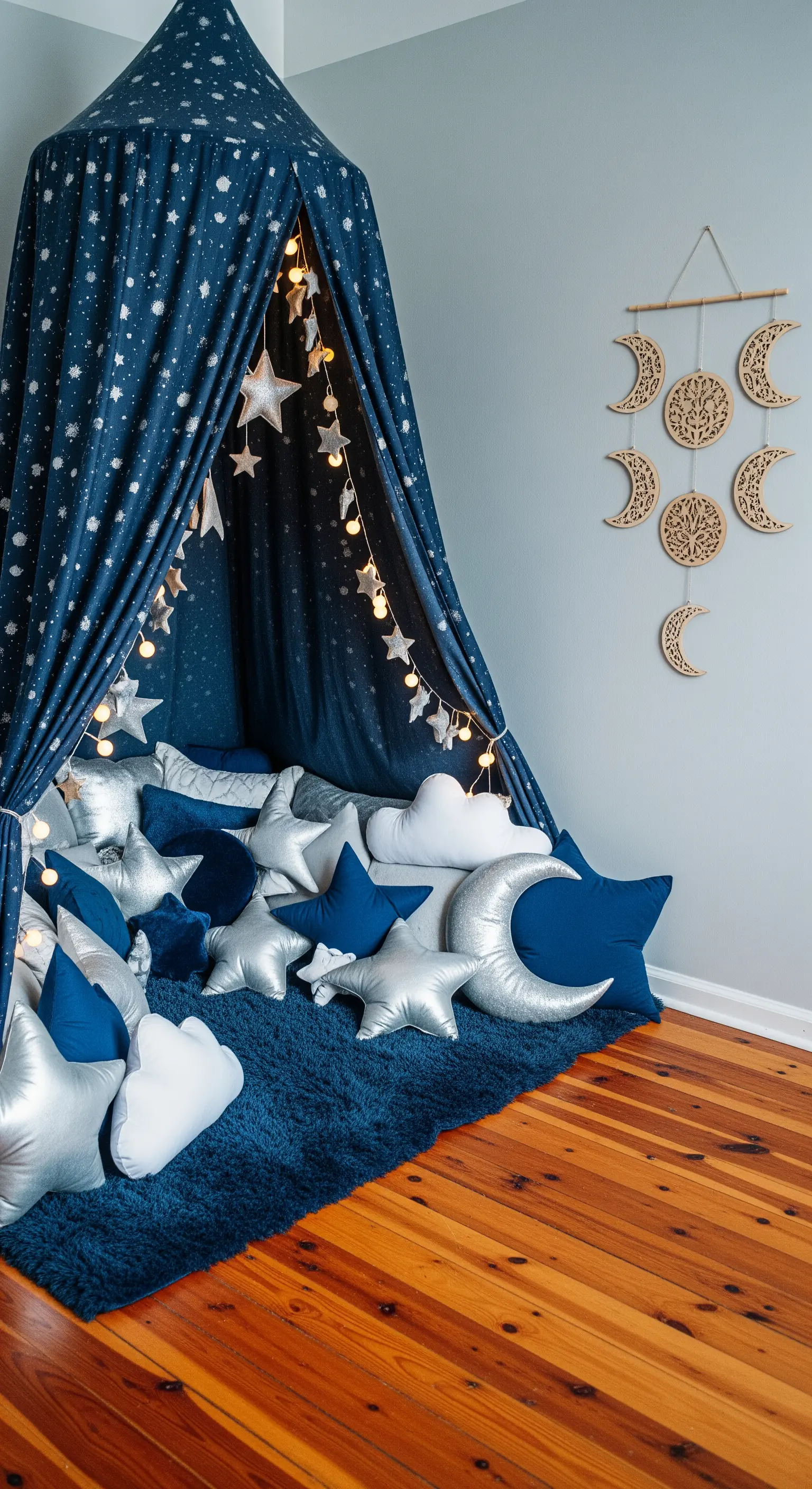 Dunkelblaues Sternenzelt mit Mondkissen und Holzdeko