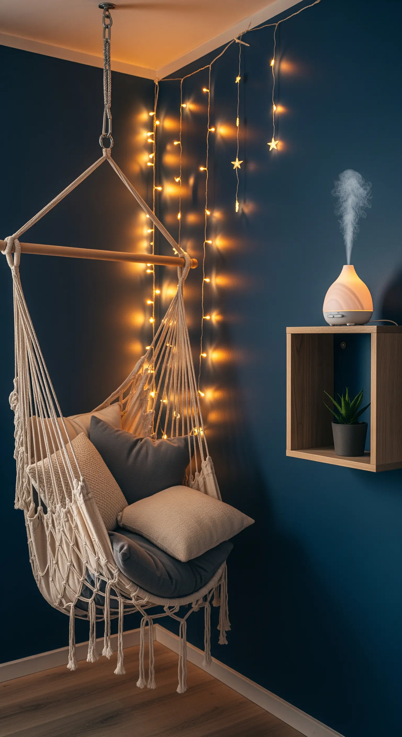 Dunkelblaue Ecke mit Hängesessel und Lichterketten