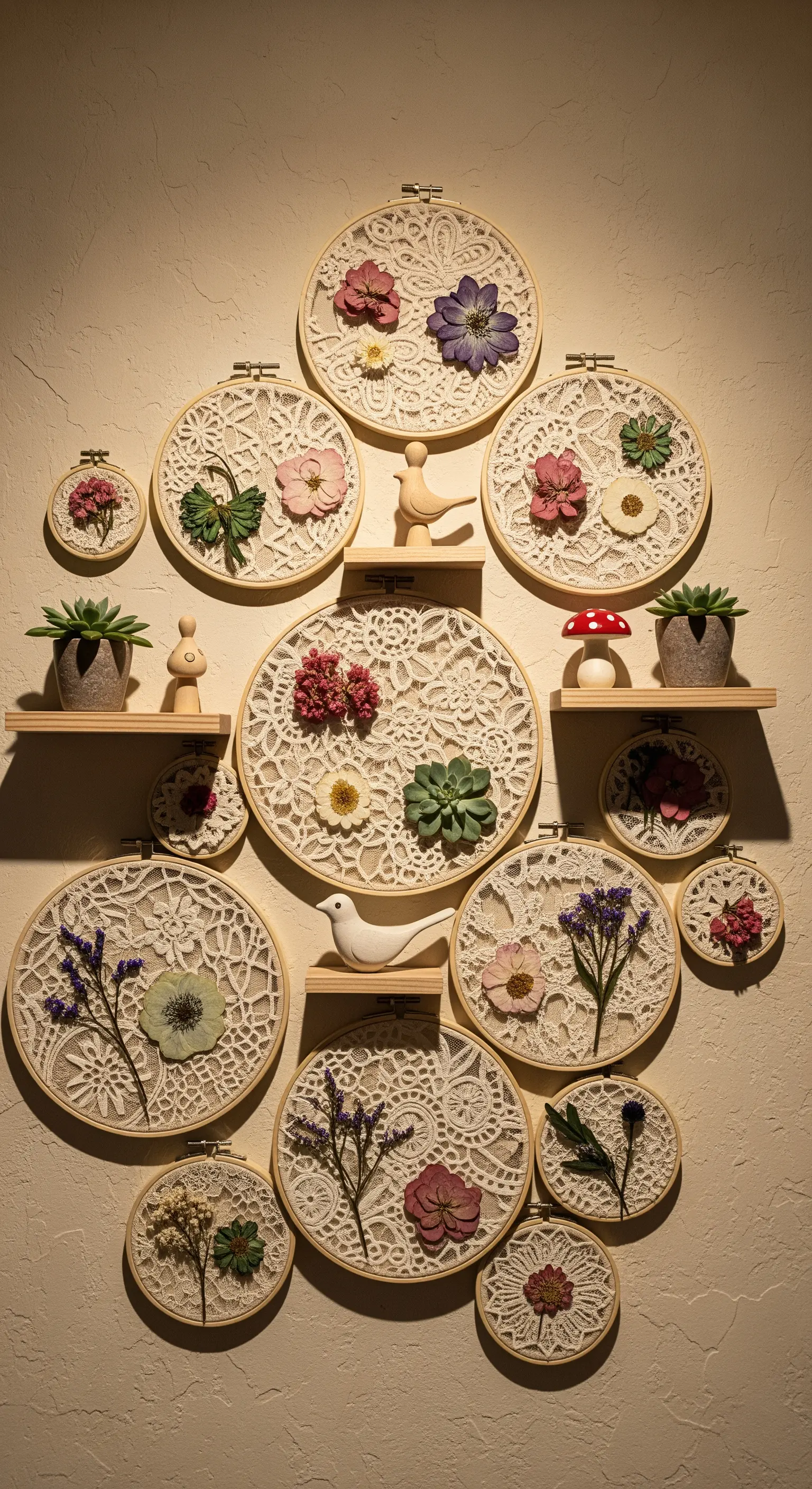 Wandarrangement aus Stickrahmen mit Spitze und Trockenblumen