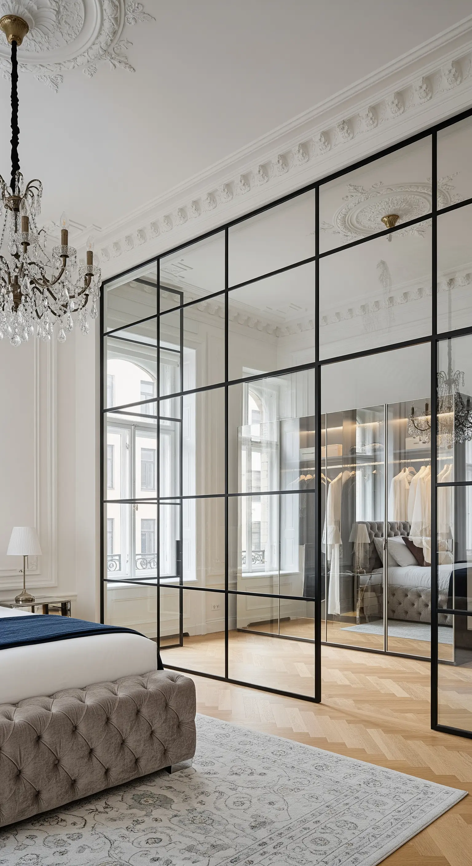 Altbauzimmer mit Stuck und moderner schwarzer Glas-Trennwand