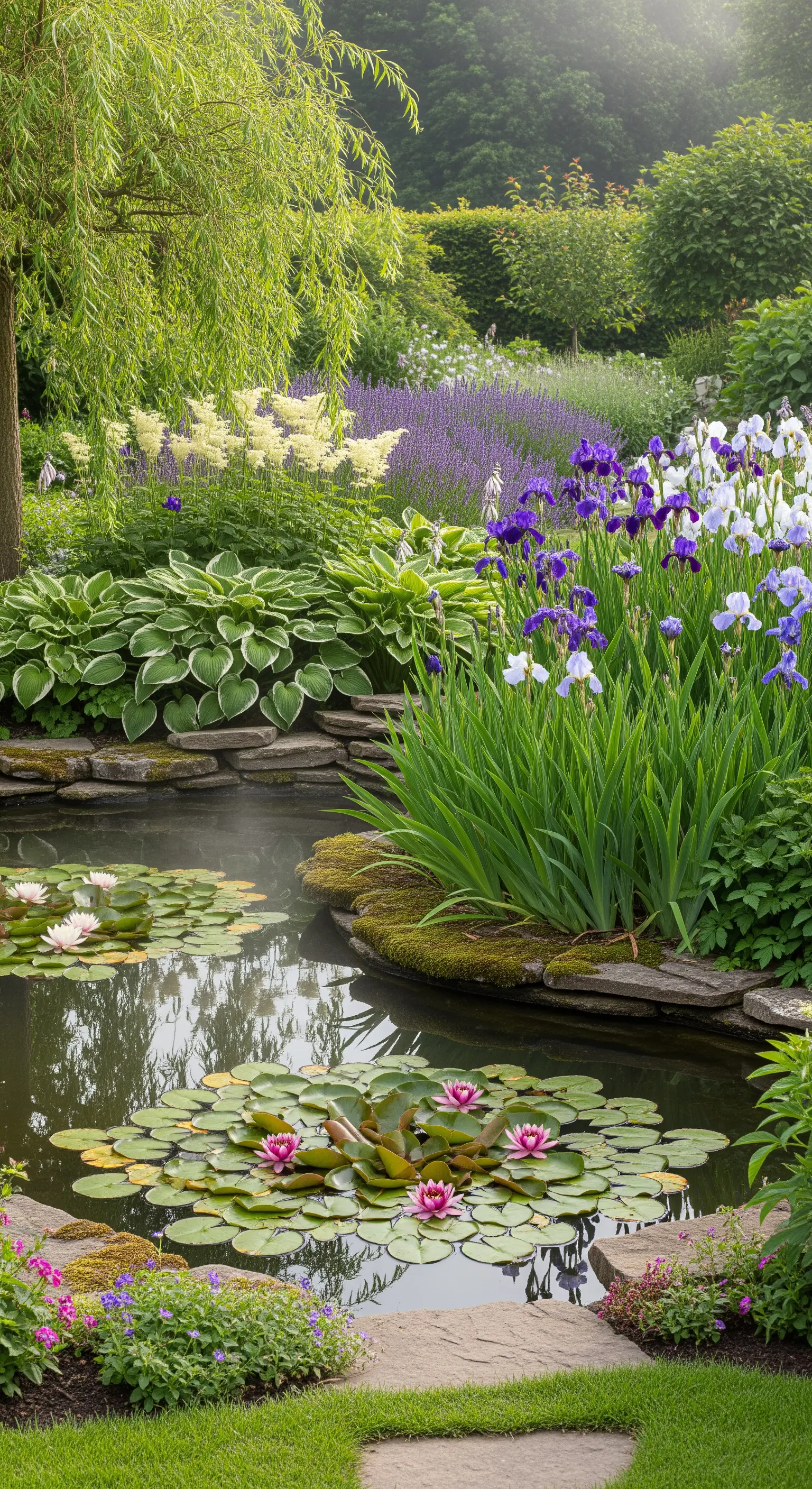 Naturnaher Gartenteich mit Seerosen und üppiger Uferbepflanzung
