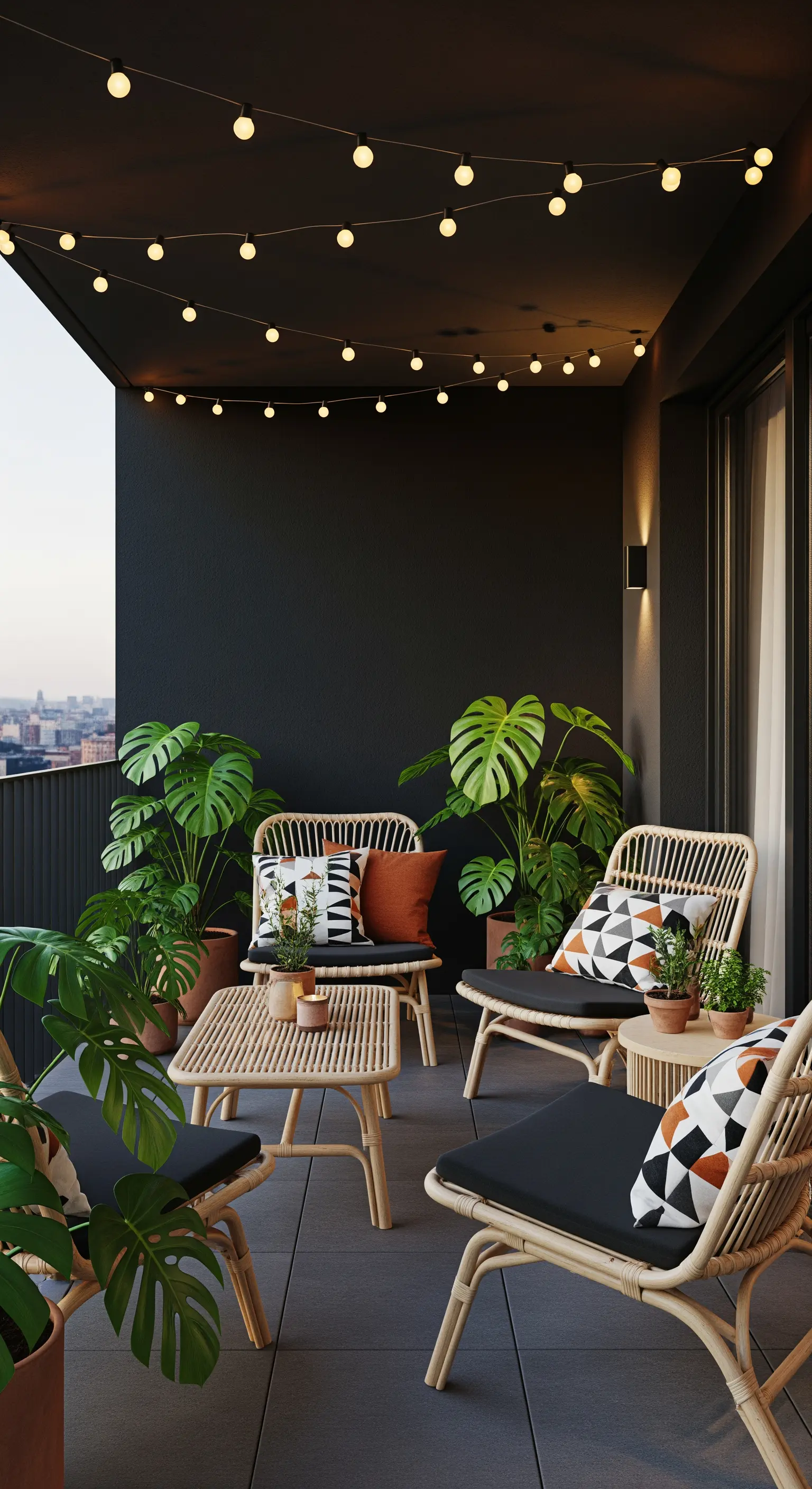 Dunkler Balkon mit vielen Lichterketten, modernen Möbeln und grafischen Kissen