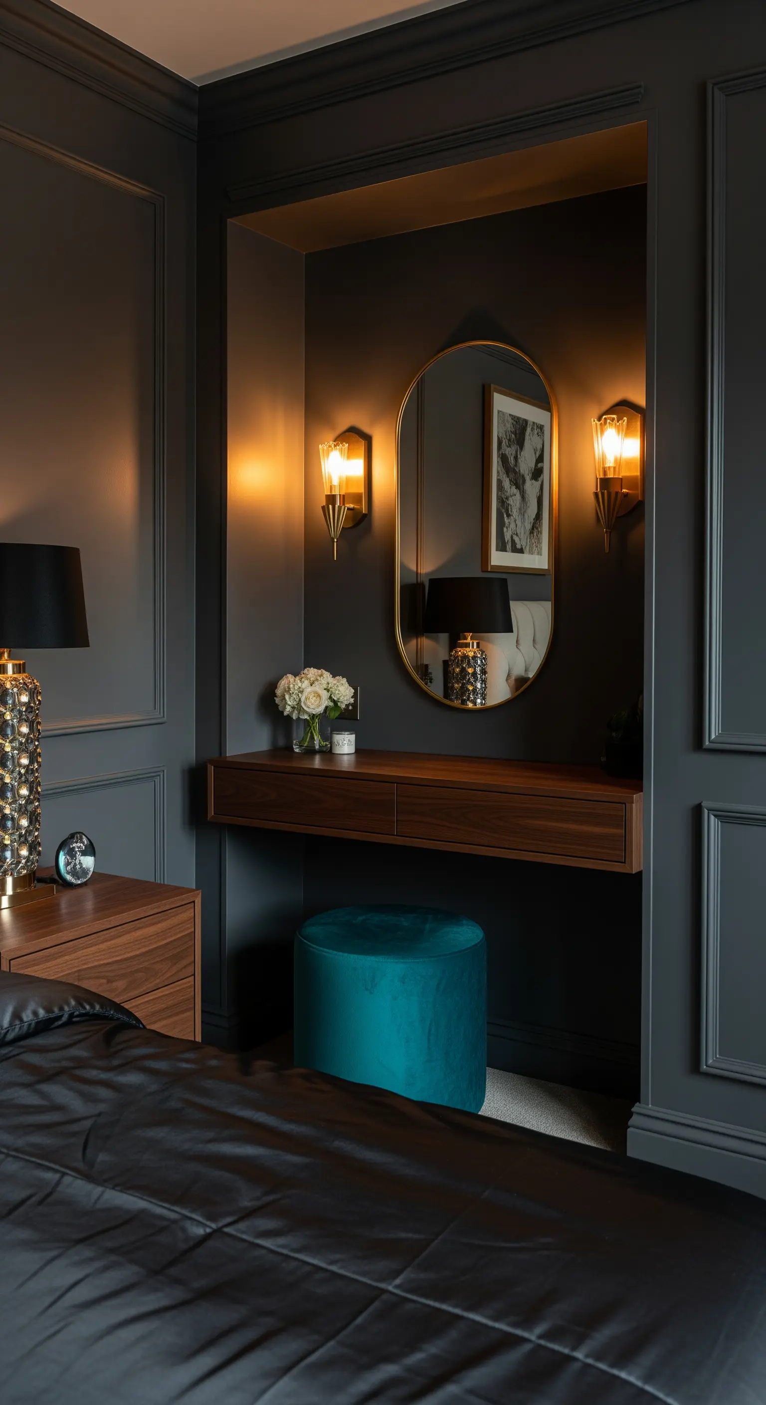 Dunkelgraue Nische mit schwebendem Holztisch und Samthocker